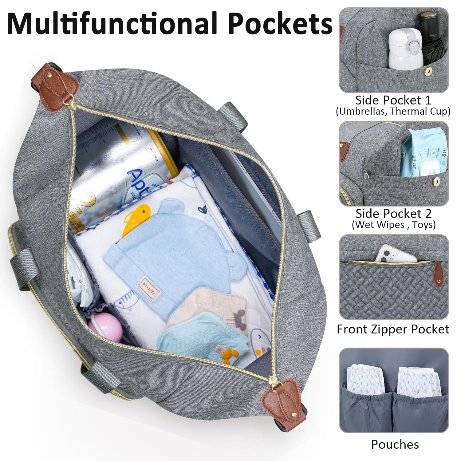 Stylish Grey Diaper Bag Tote for Moms & Dads - Waterproof Baby Travel Bag with Pacifier Case & Multiple Pockets - Perfect for Hospital Visits, Daycare Trips & Family Outings