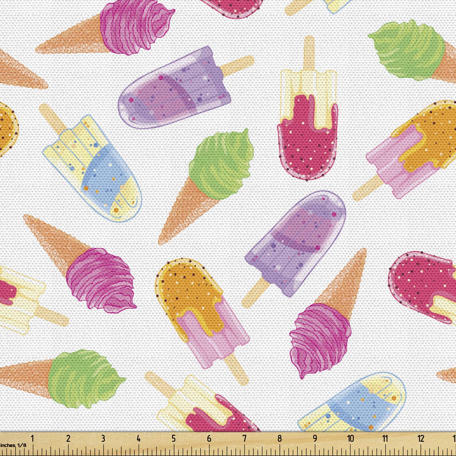 Ambesonne Ice Cream Print Fabric by The Yard - Cartoon Style Cones, Colorful Creamy Scoops & Popsicles - 2 Yards Multicolor Upholstery Fabric for DIY Home Decor, Curtains, Pillows & Craft Projects