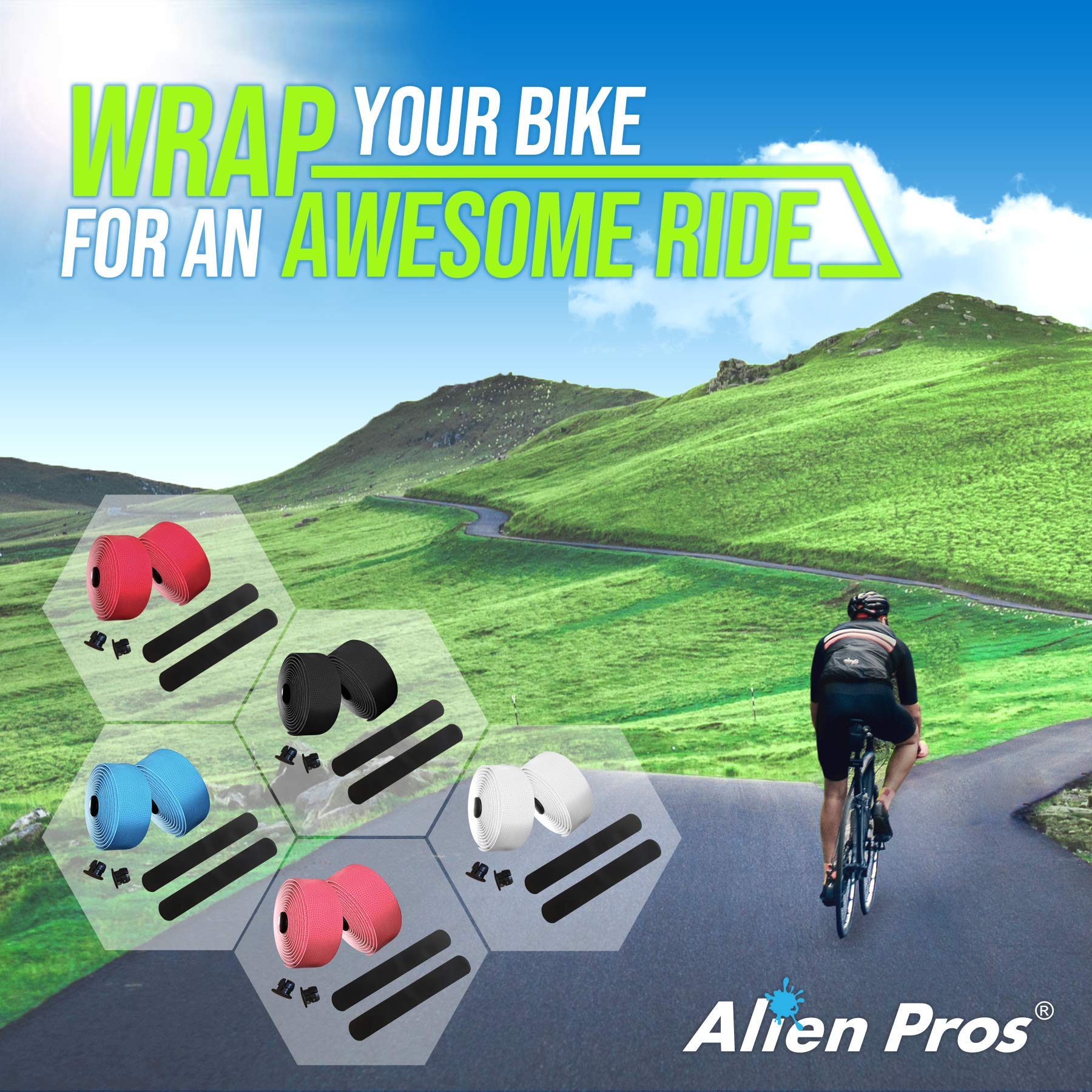 ALIEN PROS Bike Handlebar Tape PU (2-Pack) - Black, Red, White, Pink, Blue - Non-Slip Bicycle Handlebar Grip for Enhanced Comfort & Control - Perfect for Road Bikes, Mountain Bikes & Commuting