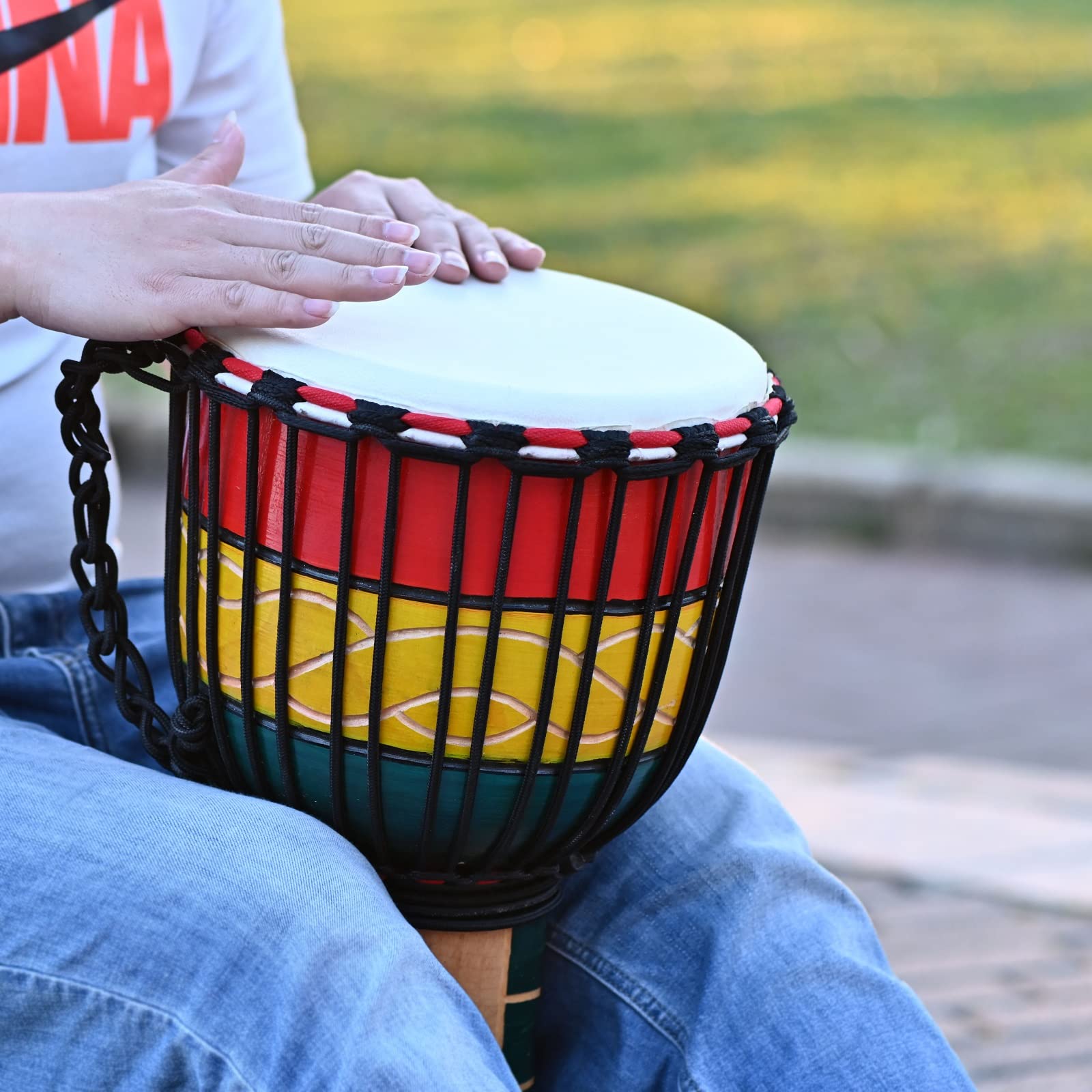 LIEKE 10'' x 20'' African Djembe Drum - Hand Carved Mahogany Wood with Goatskin Head - Professional Quality Percussion Instrument for Adults & Beginners (Green) | Perfect for Music Therapy, Drum Circles, Classroom Learning & Cultural Performances