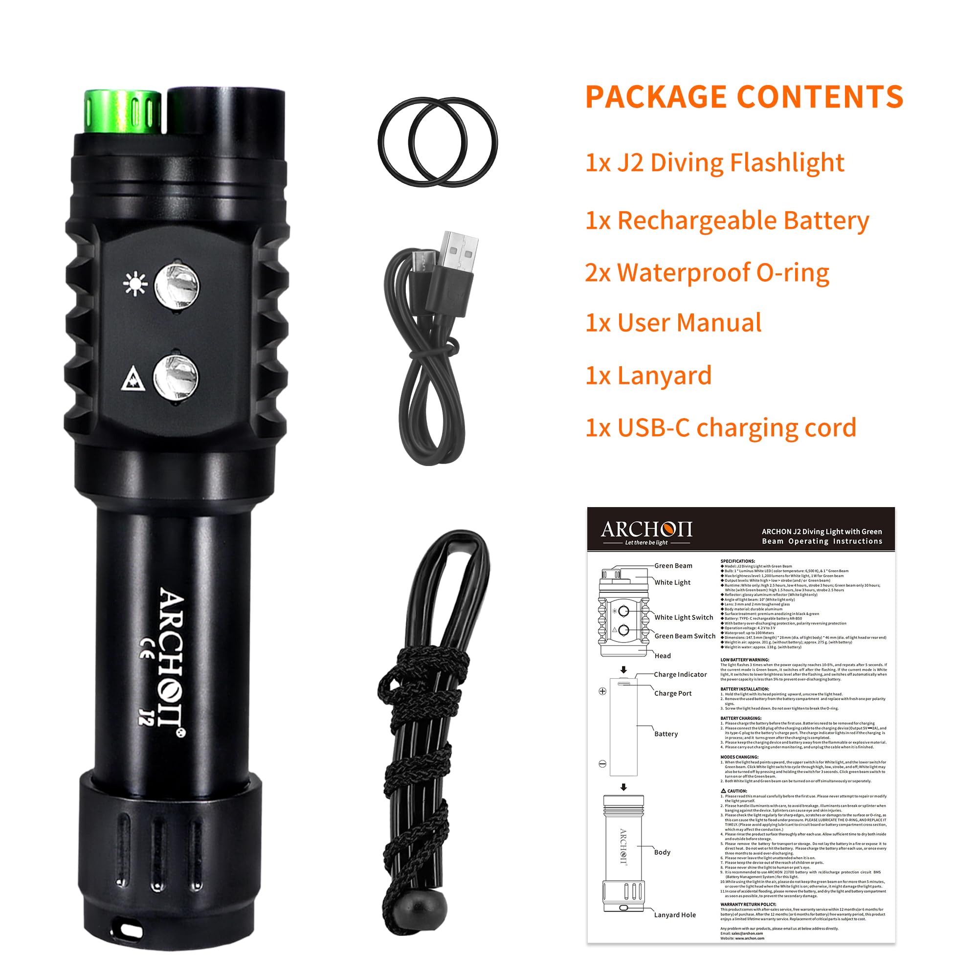 ARCHON J2 Diving Flashlight - 1200 Lumens White Spotlight & 1500m Green Beam Scuba Light | 100m Waterproof 2-in-1 Dive Torch with Dual-Button Switch | Perfect for Night Diving, Cave Exploration & Underwater Photography