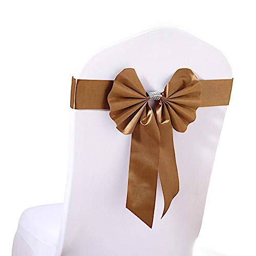 100pcs Gold Reversible Satin Faux Leather Bow Tie Chair Sashes with Buckles - Wedding Chair Decorations for Ceremony, Reception & Banquet Decor
