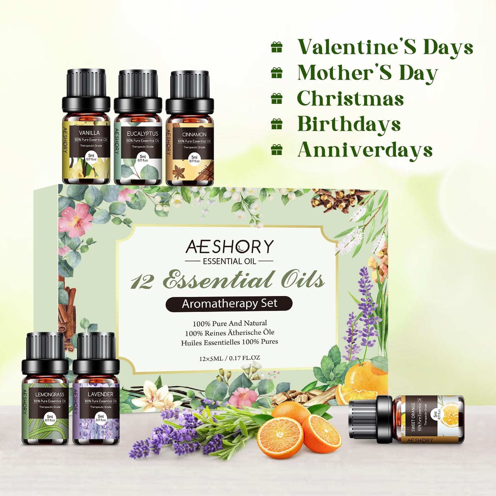 12-Piece Essential Oils Set - 100% Pure Aromatherapy Kit for Diffusers, Humidifiers, Massage, Soap & Candle Making (5mL Each) | Perfect for Relaxation, Spa, Yoga & Home Fragrance