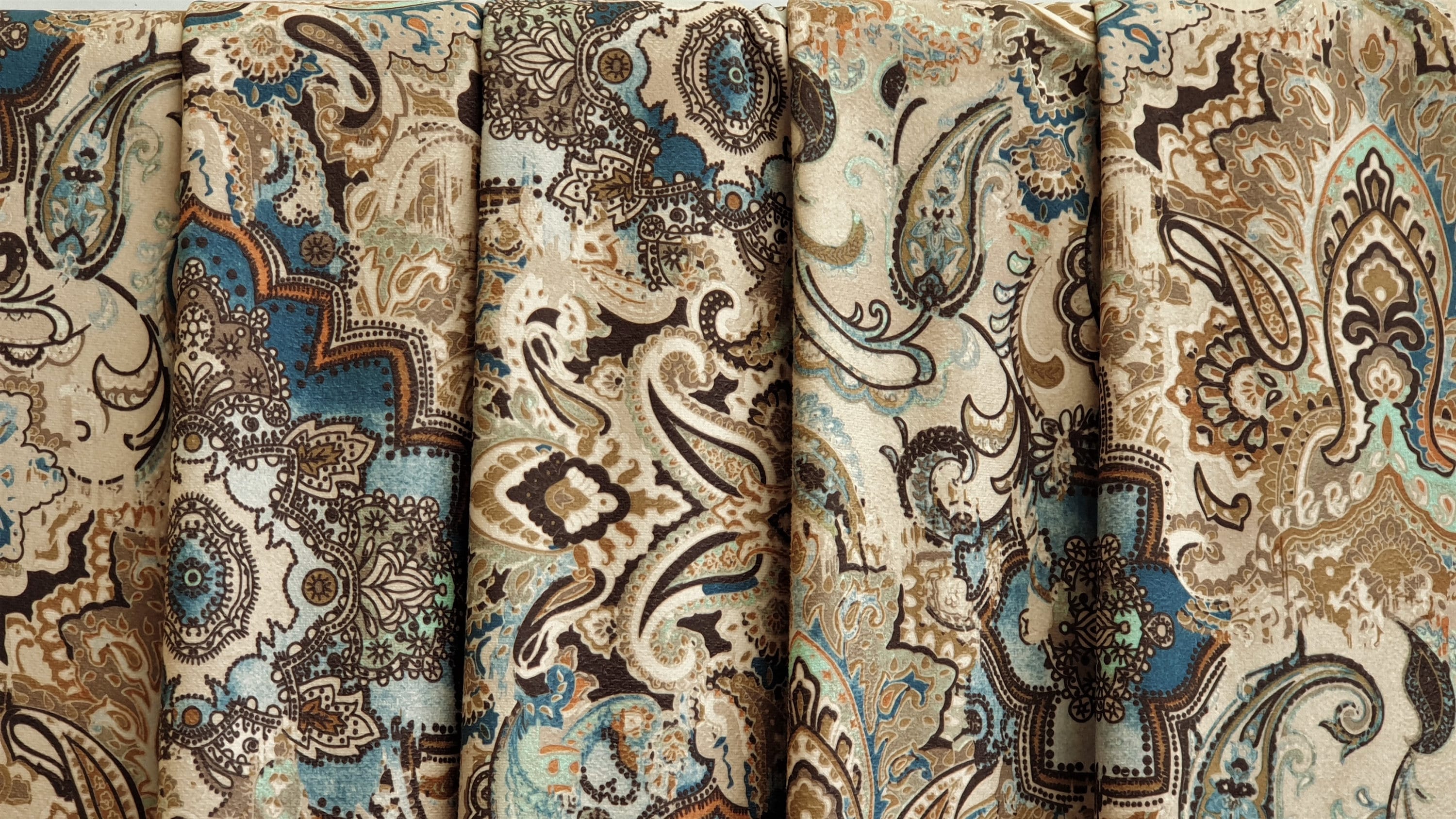 Beige & Blue Arabian Love Damask Print Velvet Curtain Panels - Elegant Window Treatments for Living Room & Bedroom Decor