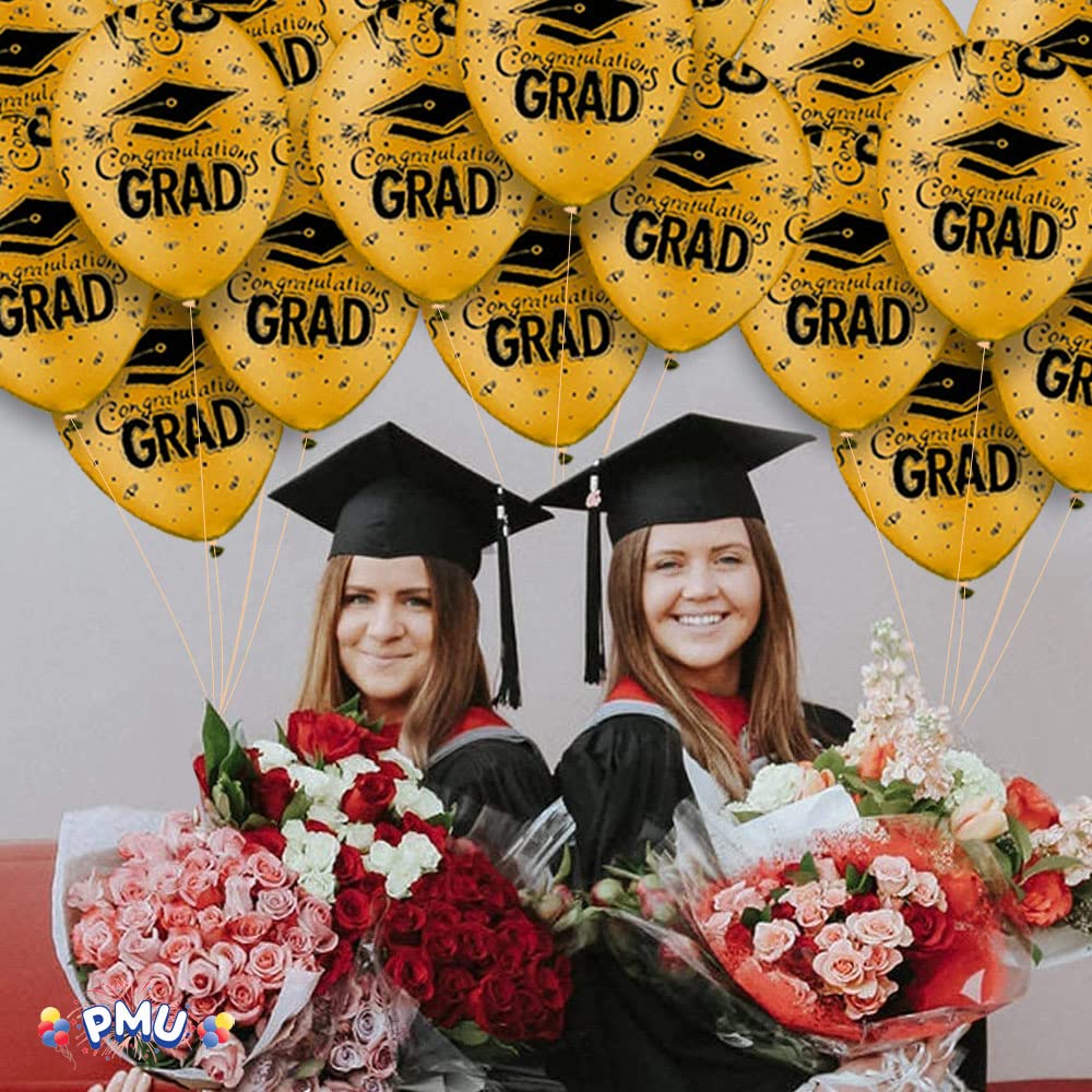 PMU Premium Gold Graduation Balloons with All-Over Print Black Graduation Caps, Confetti & Streamers - 100 Latex Balloons for Graduation Party Decorations | Perfect for Graduation Ceremonies, College Parties & School Celebrations