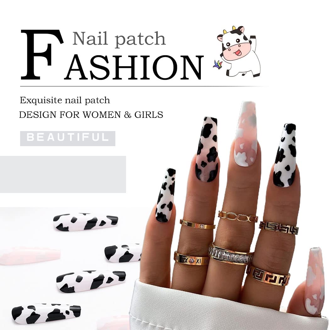 Aksod Long Coffin Press on Nails - Glossy Black Spot Fake Nails, Ballerina Full Cover Acrylic False Nails Tips for Women and Girls (24Pcs) - Perfect for Parties, Weddings, and Special Occasions