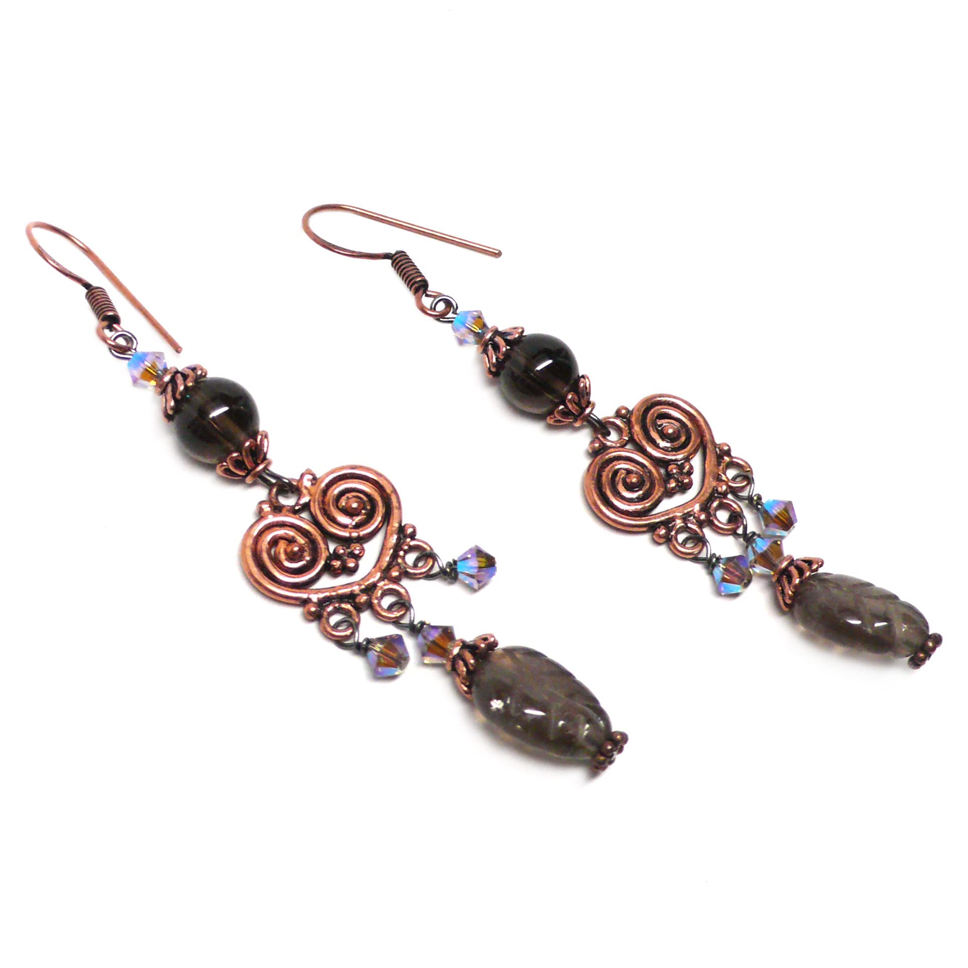 Smoky Quartz Leaf Copper Heart Chandelier Earrings for Women - Elegant Bohemian Dangle Drop Earrings for Party, Wedding & Evening Occasions