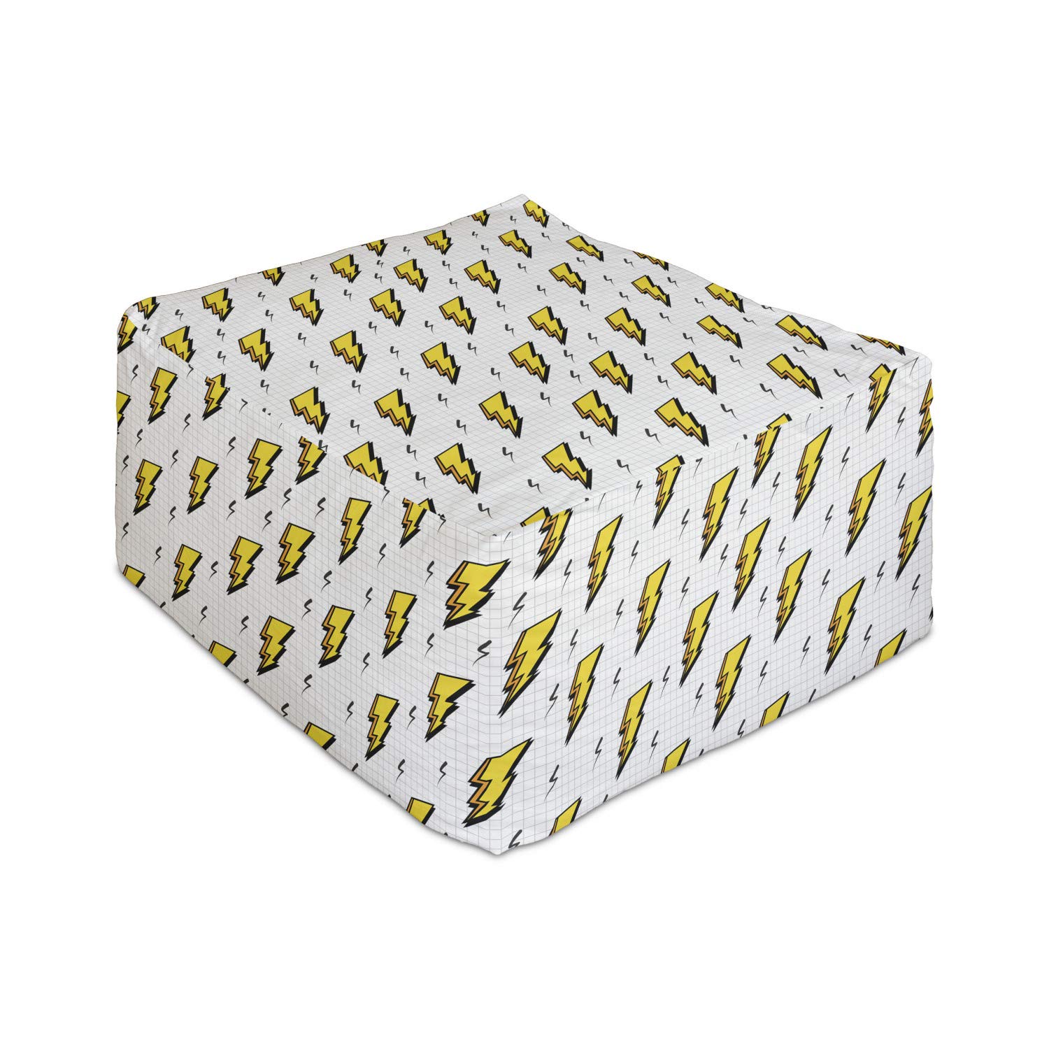 Ambesonne Abstract Rectangle Pouf Ottoman - Vintage 80s Thunder Bolt Design on Notebook Background - 25 Inch Yellow Black White Foot Stool with Removable Cover - Perfect for Living Room, Office & Under Desk Use - Retro Home Decor Accent Piece