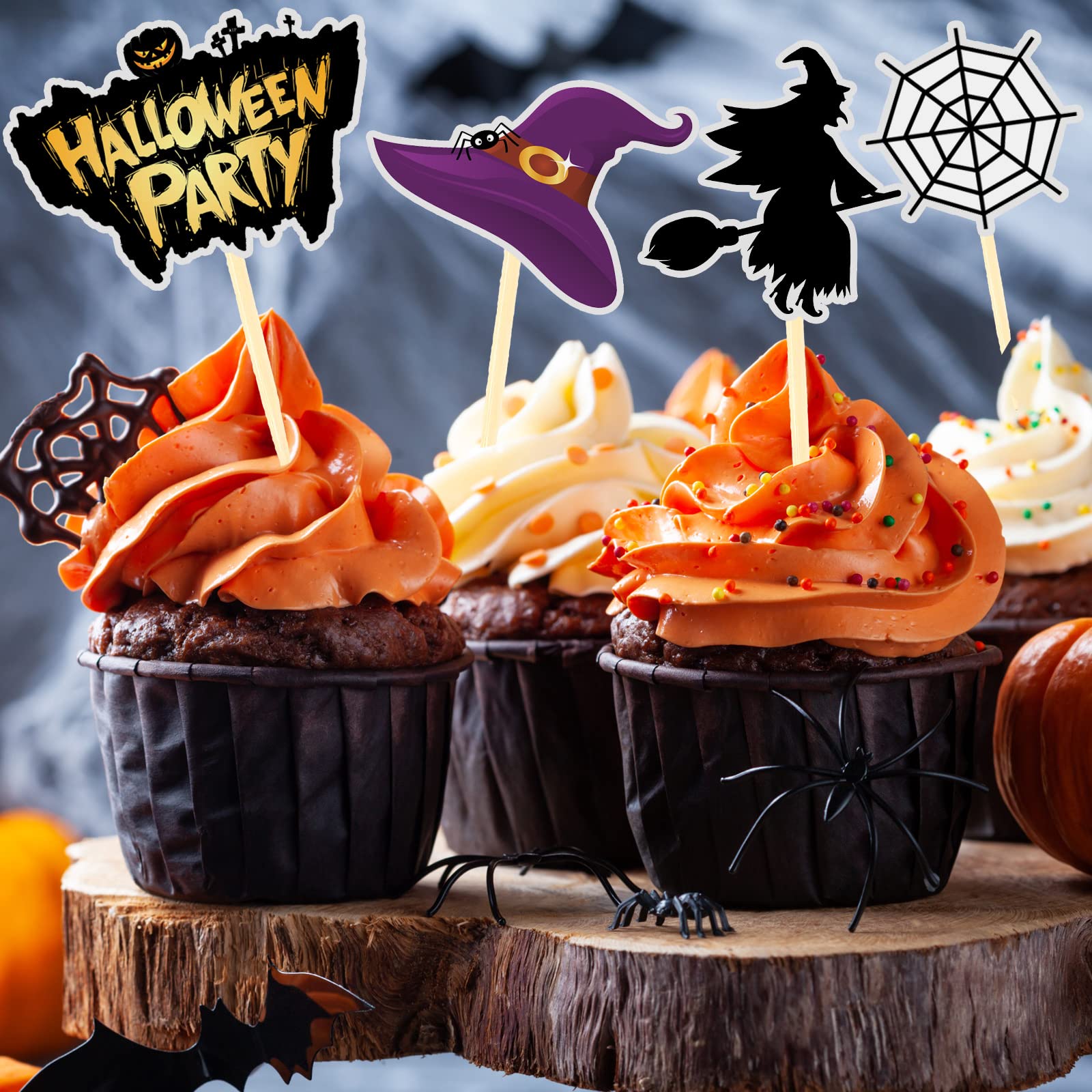 100 Pcs Halloween Cupcake Toppers - Cat Pumpkin Spider Web Bat Ghost Decorations with Food Picks for Kids Party, Baby Shower & Birthday Supplies | Perfect for Halloween Treats, Cupcake Decorating & Holiday Dessert Displays