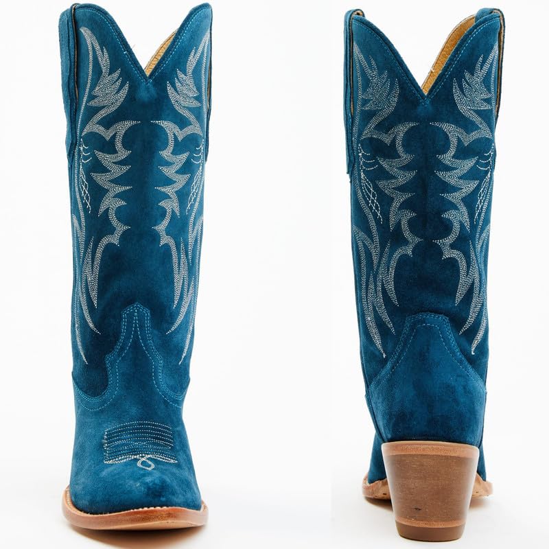 AMINUGAL Women's Suede Cowboy Boots - Wide Calf Embroidered Western Boots with Pointed Toe | Pull On Cowgirl Boots for Country Concerts, Rodeo & Retro Fashion | Chunky Block Heel Mid Calf Ankle Boots for Everyday Wear & Special Occasions