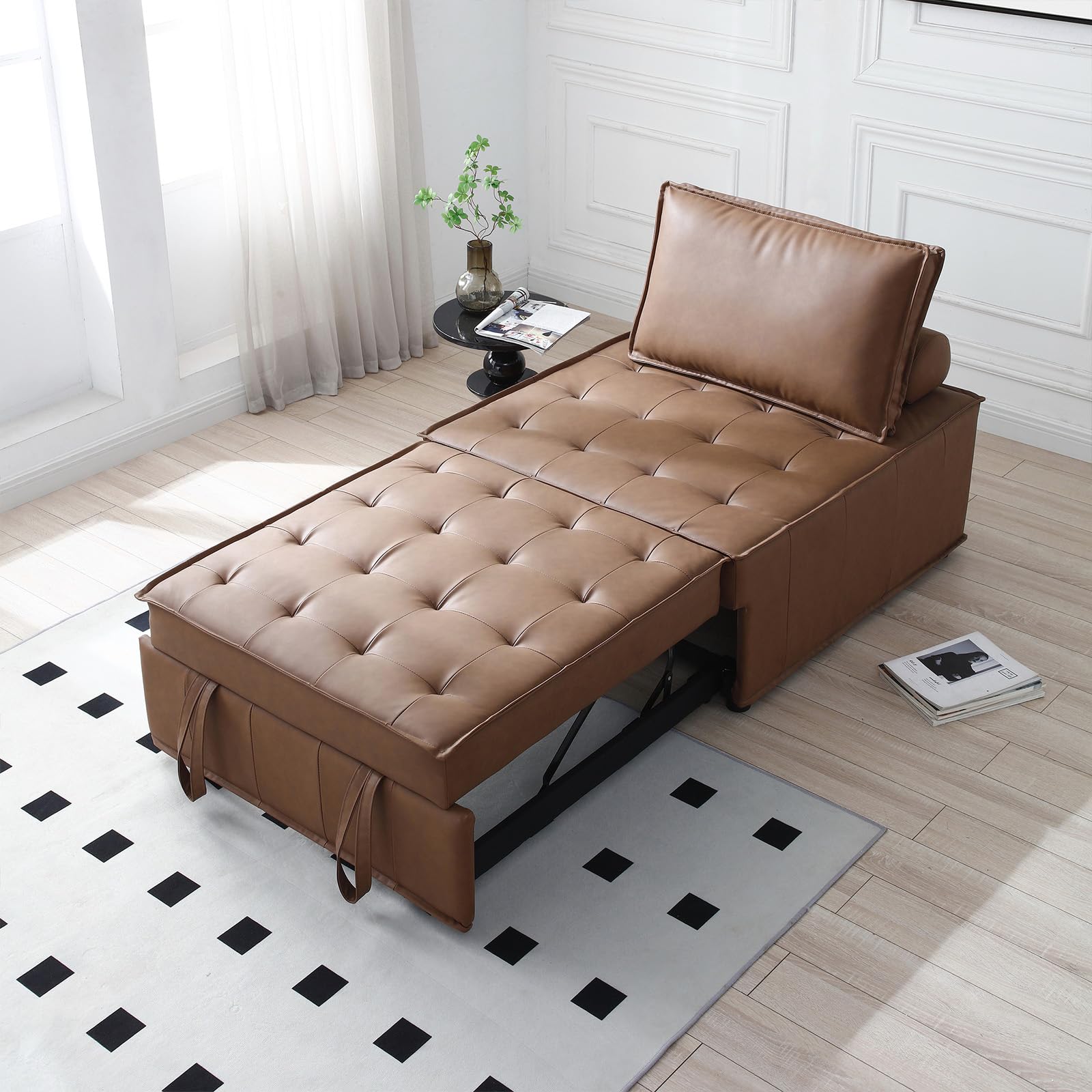 JEEOHEY 3-in-1 Convertible Sleeper Sofa Bed - Leather Ottoman Couch Chair with Storage, Modern Futon for Small Spaces, Living Room, Apartment & Office (Brown) | Perfect for Guest Bed, Lounge & Compact Home Decor