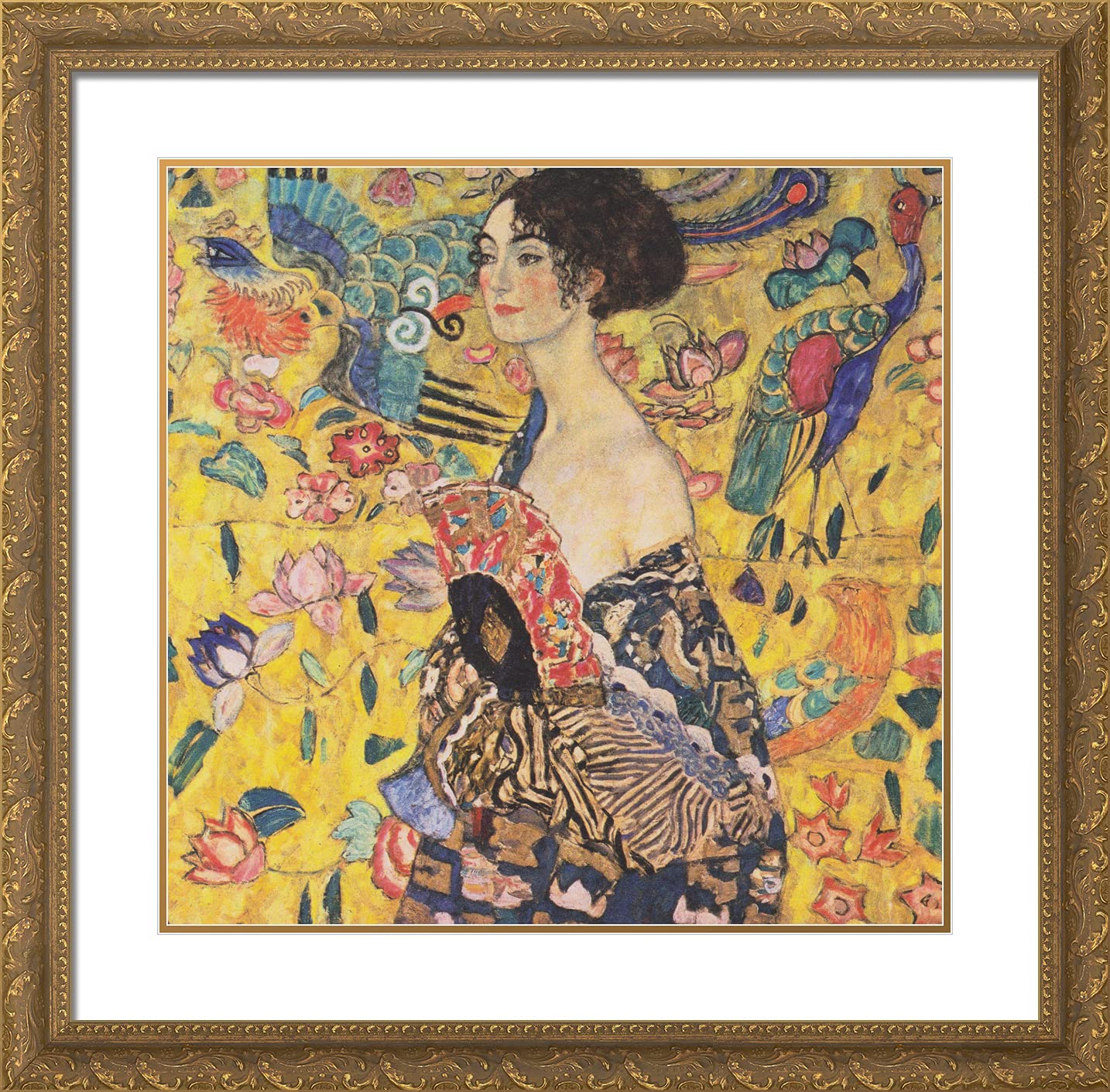 Gustav Klimt Lady With Fan 20x20 Inch Gold Ornate Framed Art Print with Double Matting - Classic Home Decor for Living Room, Bedroom & Office Wall Art