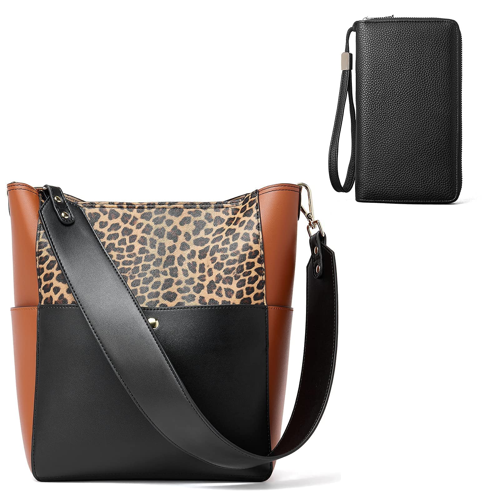 BROMEN Women's Designer Leather Hobo Handbag with Leopard Print & Matching Wallet Set - Fashionable Crossbody Purse for Work, Travel & Everyday Use