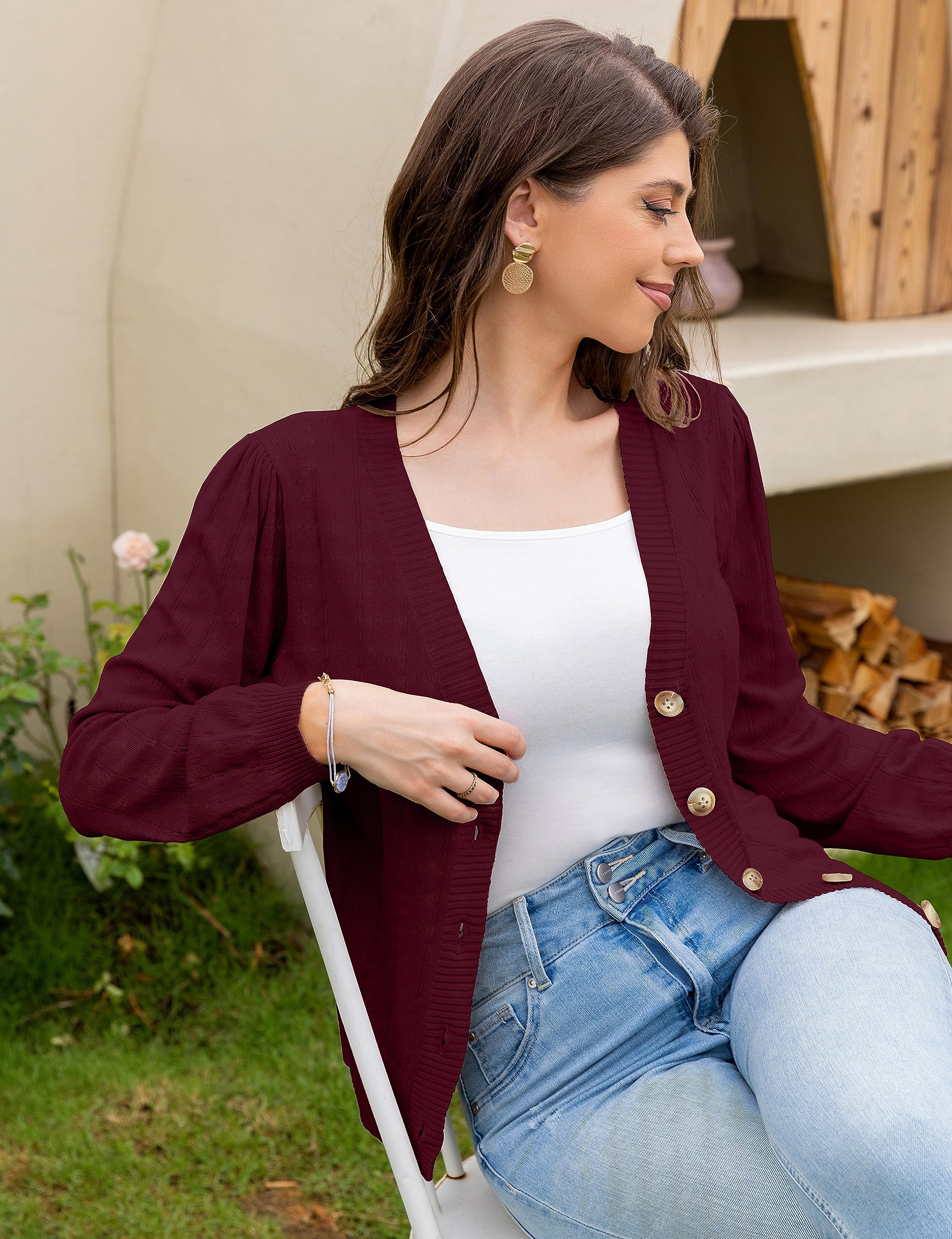 Red Hotype Women's Button Down V-Neck Cardigan Sweater - Casual Open Front Knitwear for Office, Date Night & Fall Layering