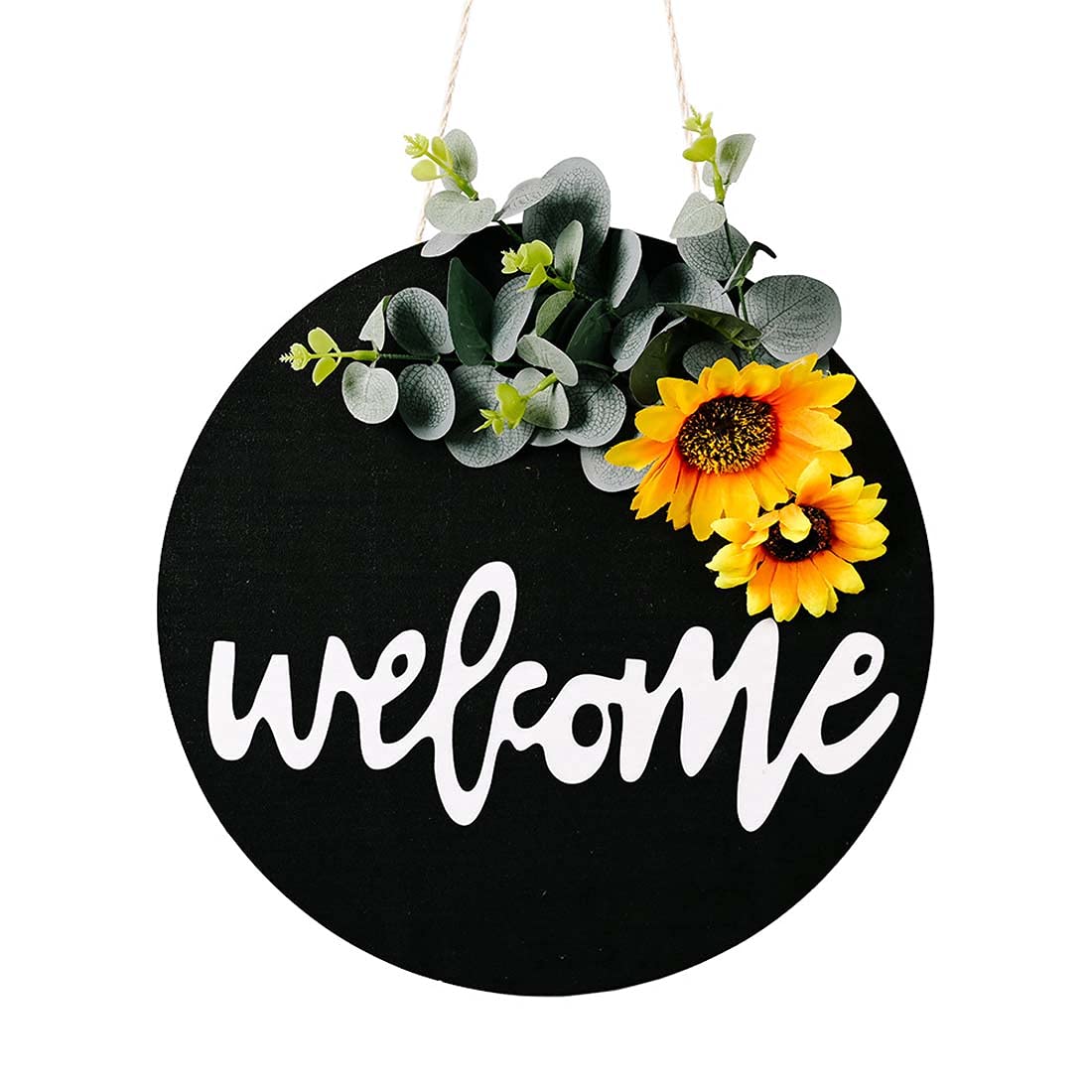 Rustic Round Welcome Wreath Sign with Premium Greenery - Sunflower Front Door Hanger for Christmas, Housewarming & Year-Round Porch Decor | Farmhouse Style Home Decoration for Entryway & Front Porch