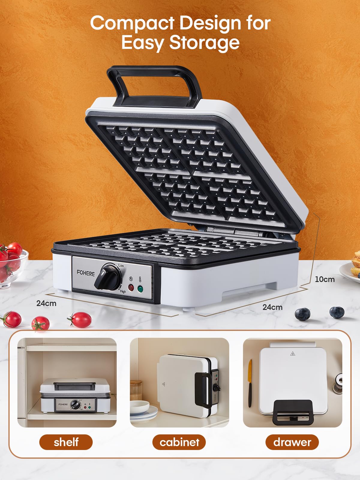 FOHERE 4-Slice Belgian Waffle Maker - 1200W Square Waffle Iron with 5 Browning Levels, Nonstick Plates & Cool-Touch Handle - Perfect for Breakfast, Brunch & Family Gatherings - Anti-Scald & Anti-Overflow Design with Indicator Lights - Includes Recipe Book (White, Large)