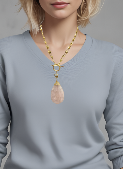 2 Way Convertible Rose Quartz Necklace for Women - Adjustable Healing Crystal Pendant Jewelry for Everyday Wear & Special Occasions