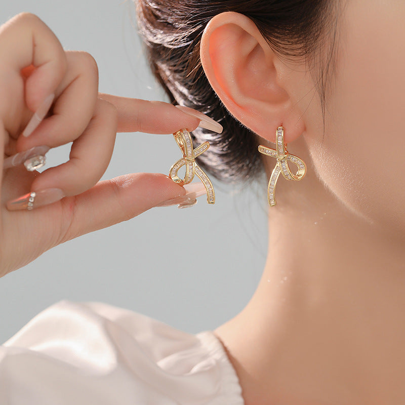 14K Gold Plated Bow Ribbon Clip-On Hoop Earrings for Women | Elegant Dangle Earrings for Parties, Weddings & Daily Wear | A7423
