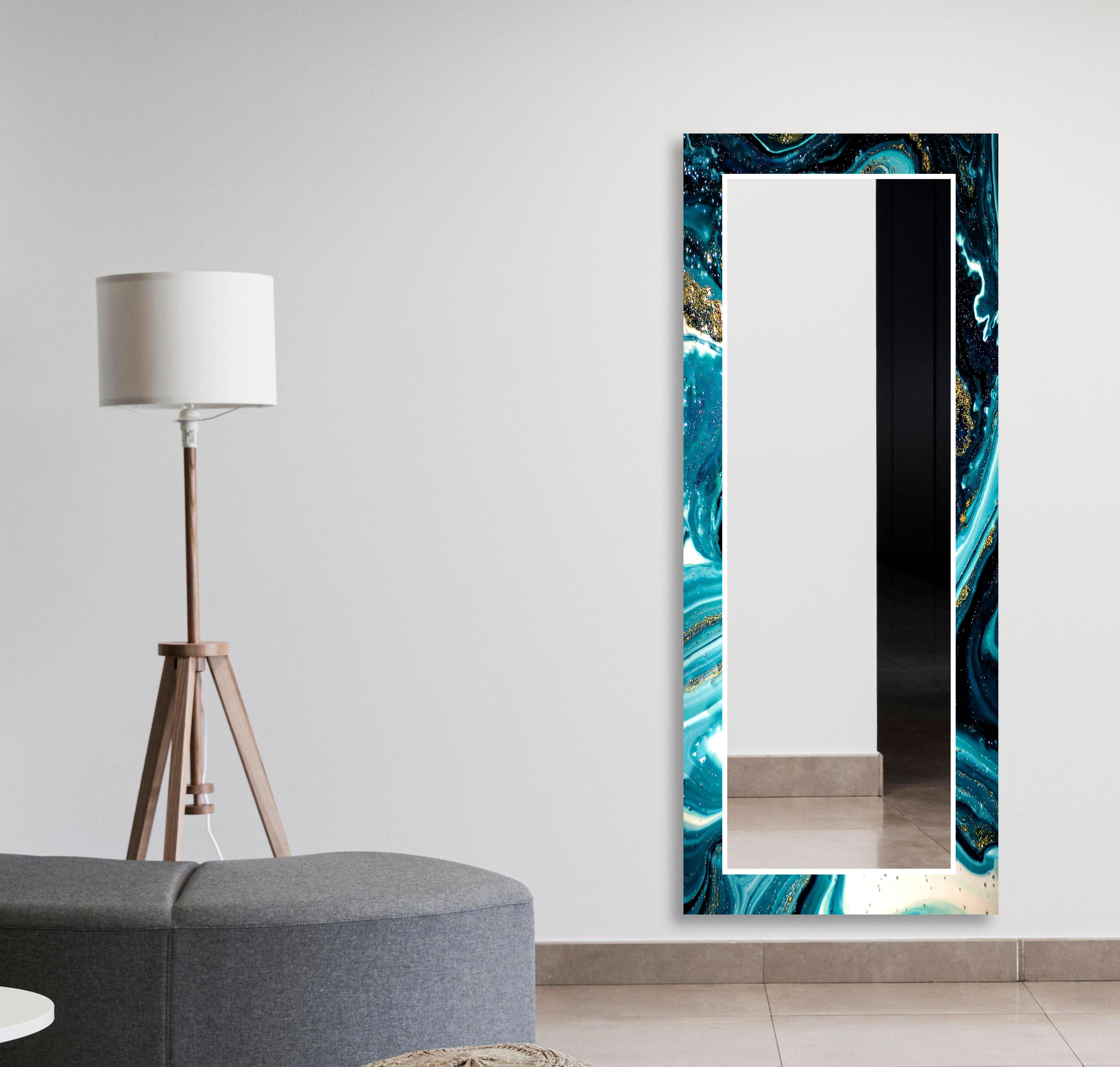 Stylish Blue and White Epoxy Wall Mirror - Modern Decorative Bathroom & Bedroom Vanity Mirror - Perfect for Home Decor, Dressing Areas, and Interior Design Accents