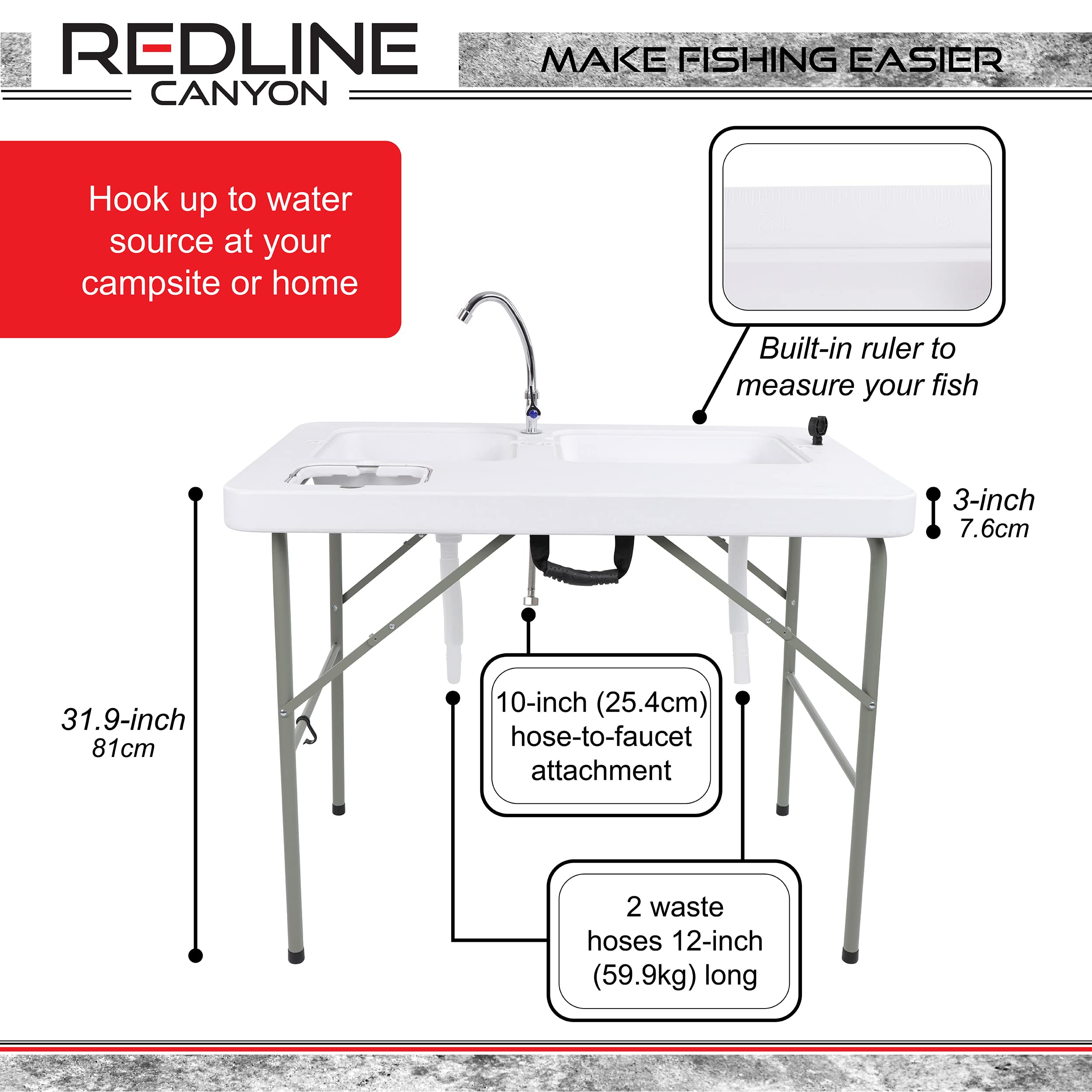 Portable Camping Sink Table with Dual Stainless Steel Sinks - 32 Inch Height, Lightweight Plastic & Steel Construction, Outdoor Fish Cleaning Station with Faucet - Perfect for Camping, RV Trips, Backyard BBQs, and Outdoor Kitchen Setup