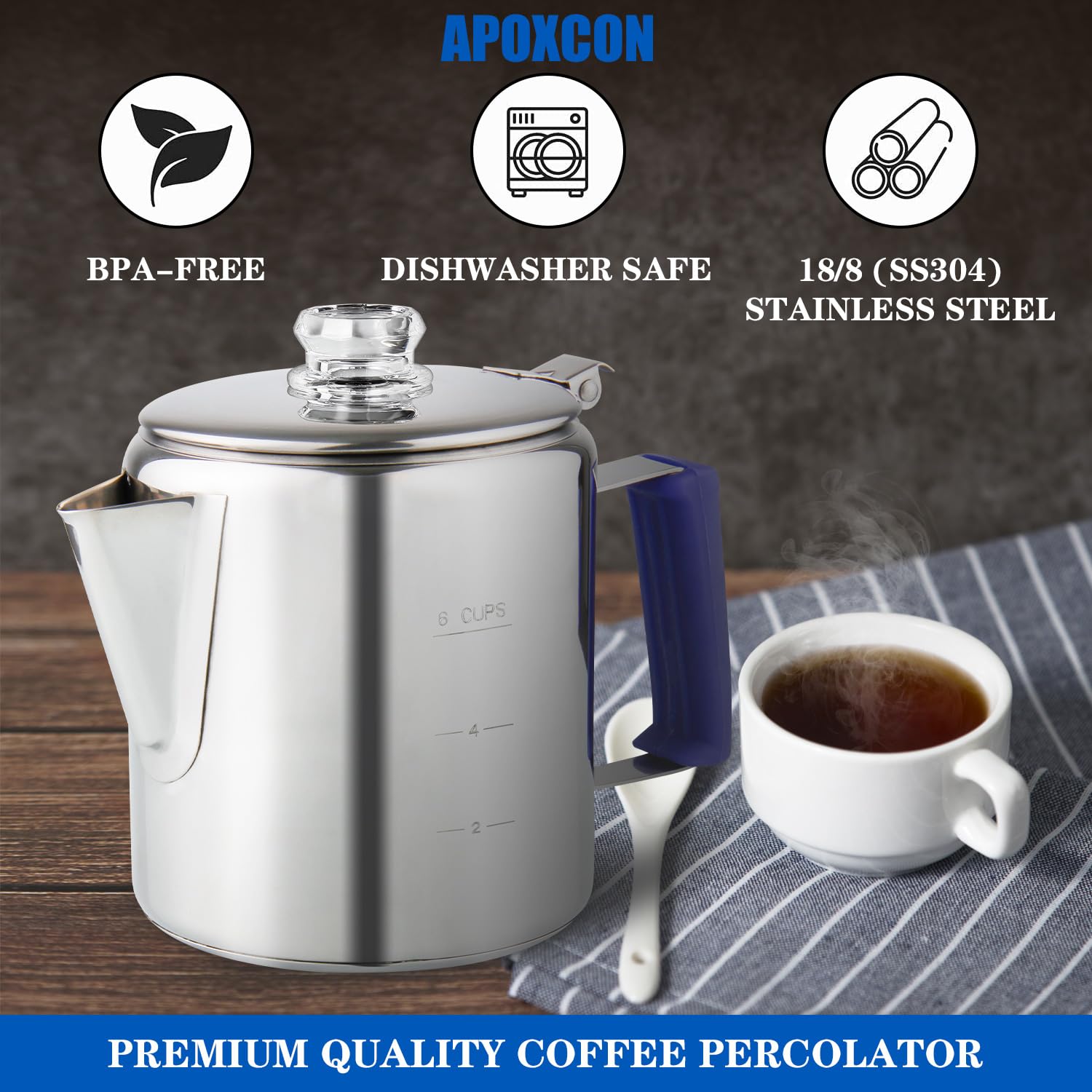 Premium Stainless Steel Percolator Coffee Pot - 6 Cup Stovetop Coffee Maker with Borosilicate Glass Knob & Heat-Resistant Handle for Camping, Home & Office Use - Compatible with Gas Stove, Campfire & Induction Cooktop - Durable & Versatile Coffee Brewing Solution