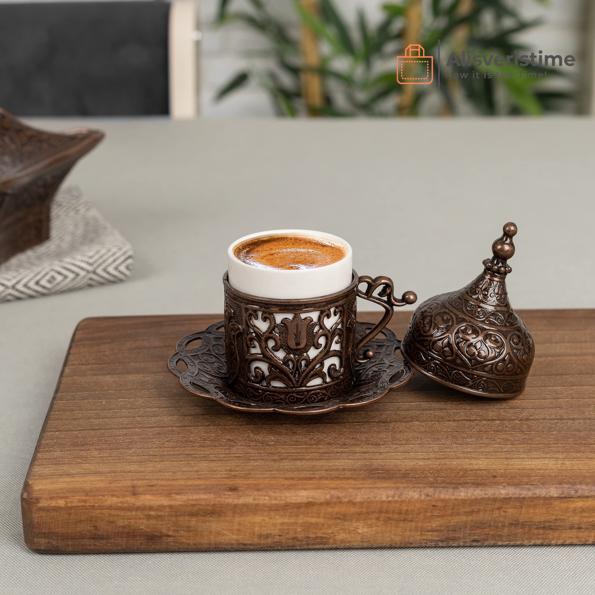 Premium 6-Piece Turkish Coffee Cup Set with Saucers & Lids - Ottoman Tulip Design (Copper/Lale/Multi-Color) - Perfect for Home Brewing, Gift Giving & Traditional Coffee Ceremonies