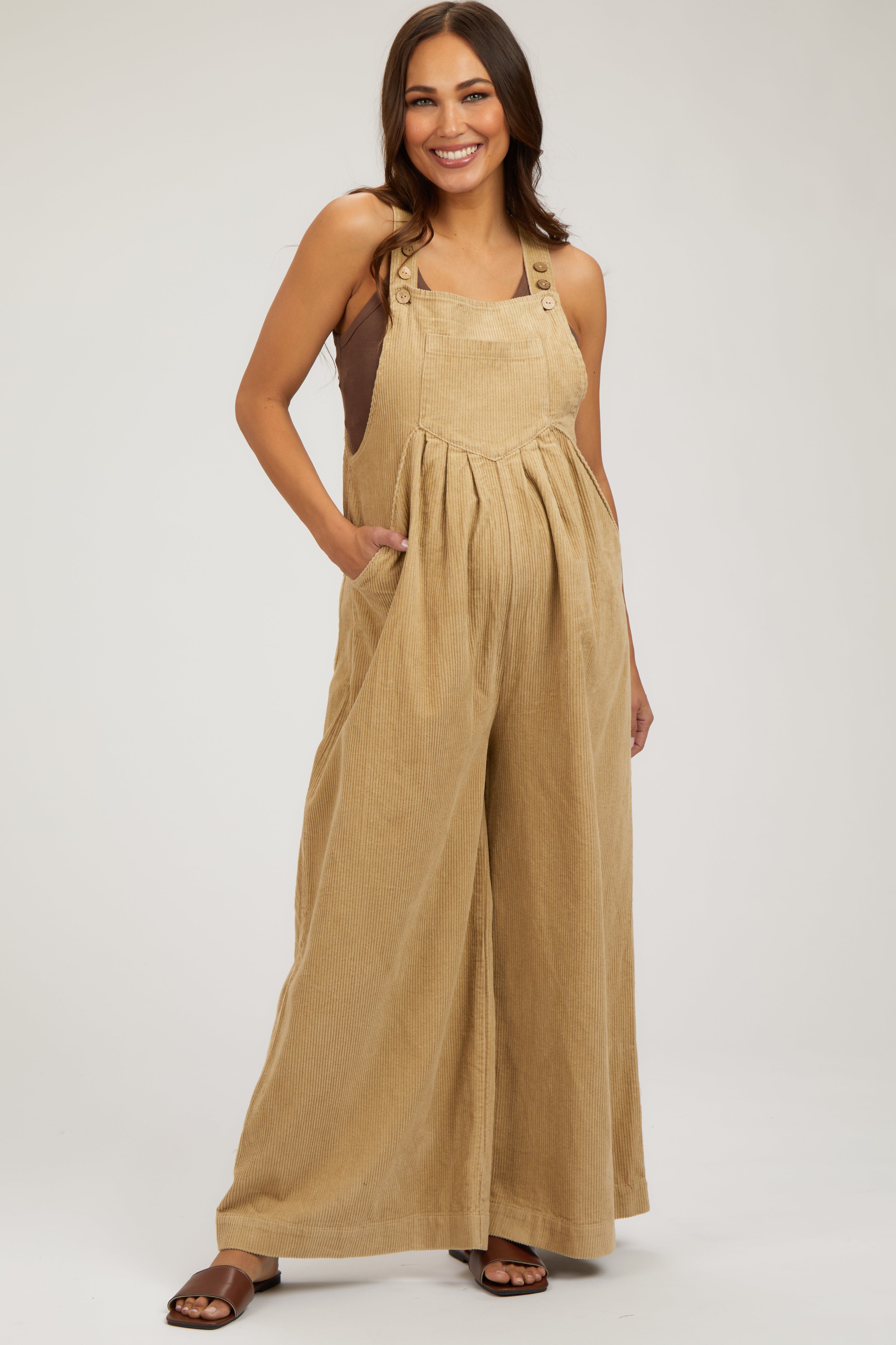 Beige Corduroy Front Pleat Wide Leg Maternity Overalls for Pregnant Women - Comfortable Stretch Denim Jumpsuit for Casual Wear, Nursing & Maternity Photoshoots