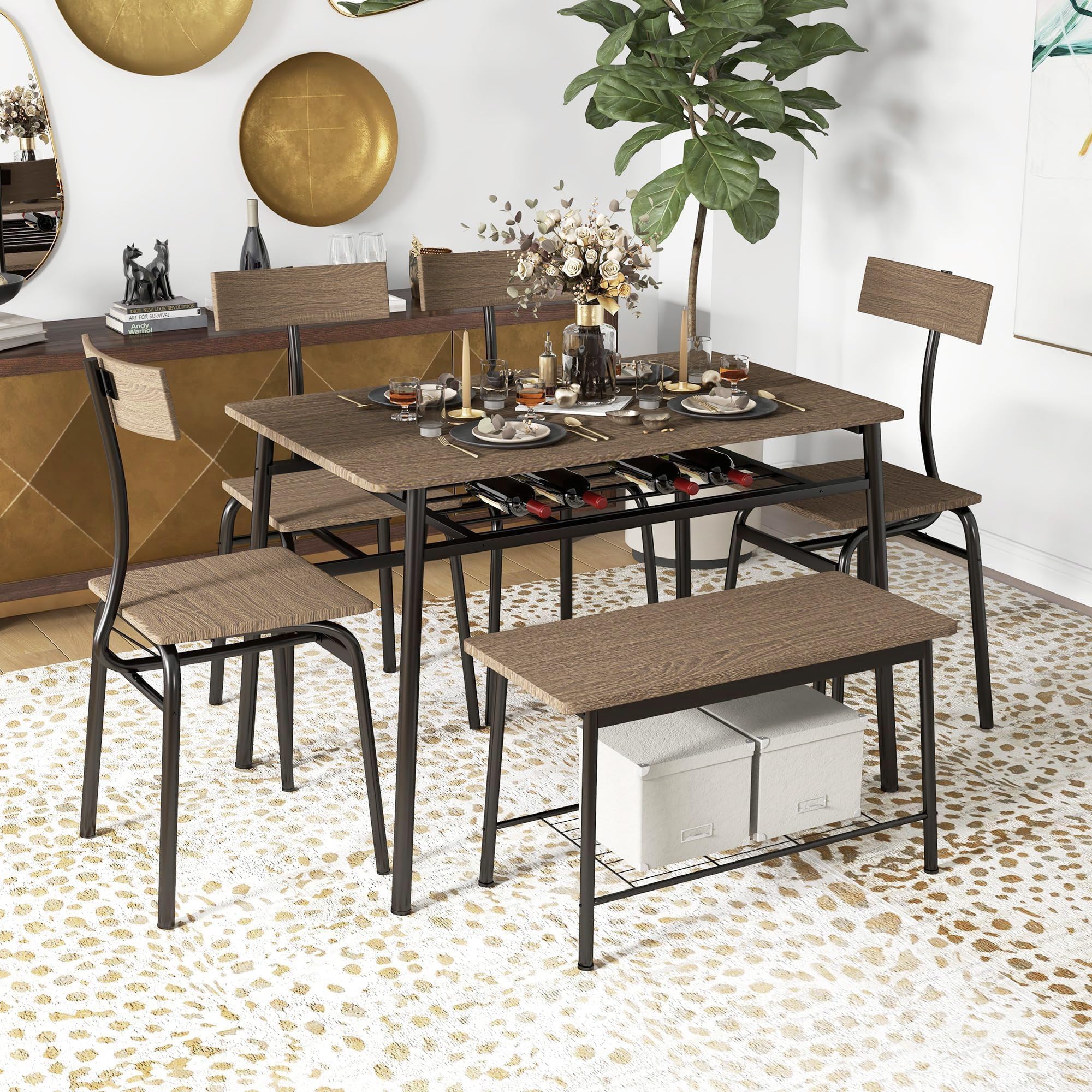6-Piece Dining Table Set for 6 with Chairs and Bench - Modern Kitchen & Dining Room Furniture for Family Gatherings & Dinner Parties