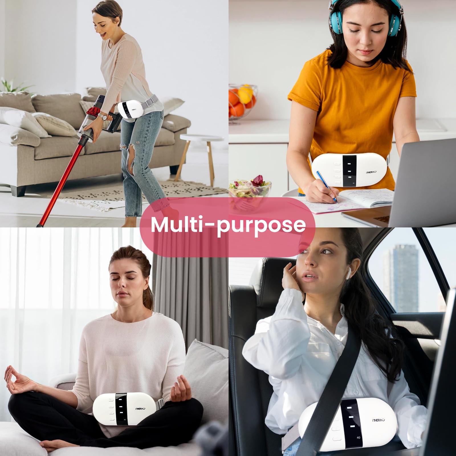 Electric Heating Pad for Menstrual Cramps Relief - 4 Heat Levels & 4 Massage Modes, Large Size Portable Period Pain Relief Pad for Women & Teens - Perfect for Home, Office & Travel Use - White