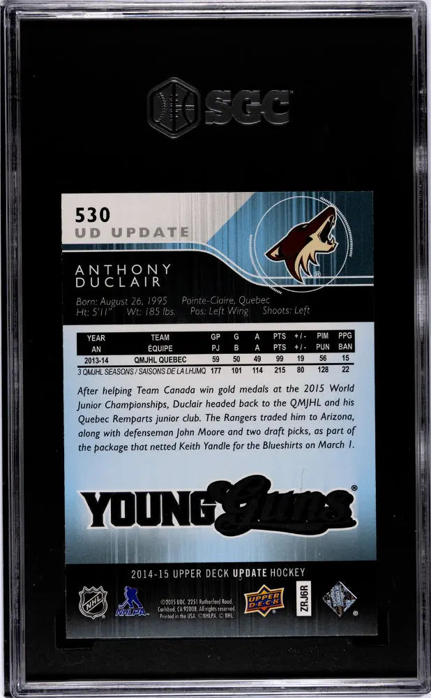 2014-15 Upper Deck Hockey Anthony Duclair Young Guns Rookie Card SGC 10 Gem Mint - Perfect for NHL Collectors & Hockey Fans Display