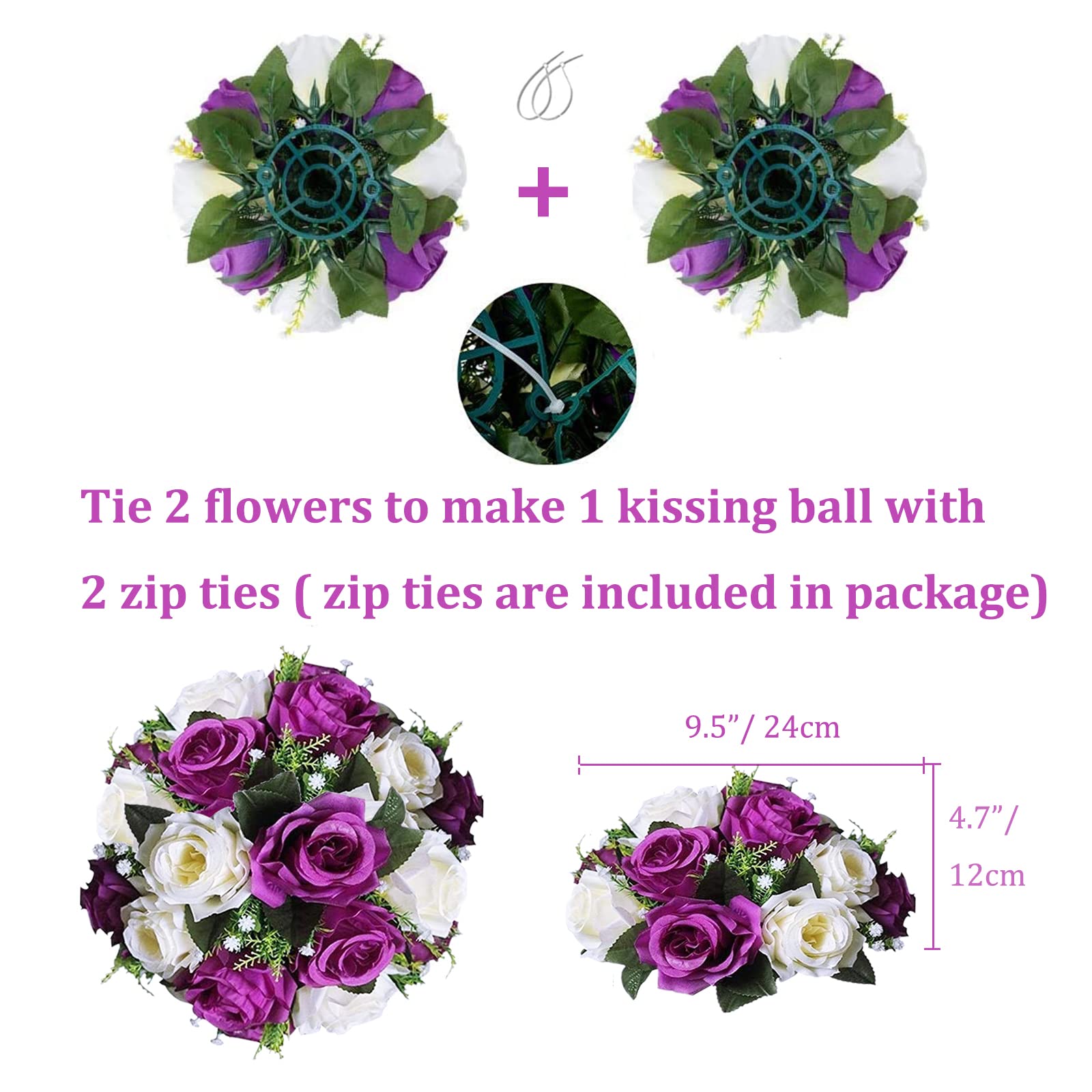 BLOSMON 2 Pack Artificial Rose Flower Balls - Purple & White Fake Floral Centerpieces with Base for Wedding, Home, Party Decor | DIY Kissing Ball Bouquet, Table Arrangement, Romantic Decorations
