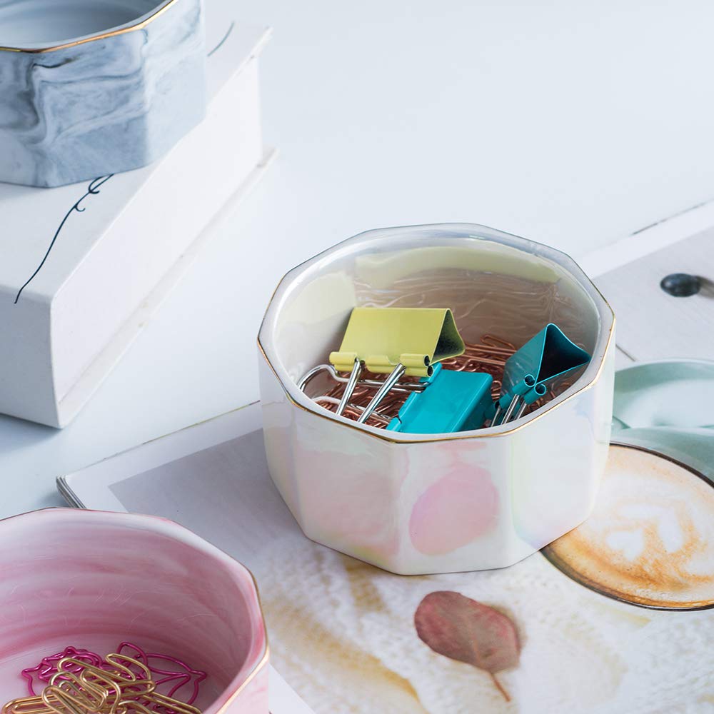 Ceramic Marble Paper Clip Holder - Elegant Desk Organizer for Paper Clips & Binder Clips | Perfect for Office, Home & School Use (Pearl White)