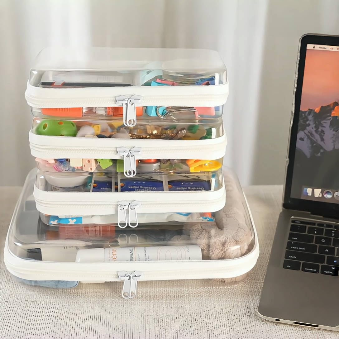 4 Pack Clear Hard Zipper Pouch Storage Cases - Waterproof Stackable Transparent Organizer for Pencils, Toiletries, Travel, Cosmetics & Toys (M+3S) | Perfect for School, Office, Travel & Home Organization