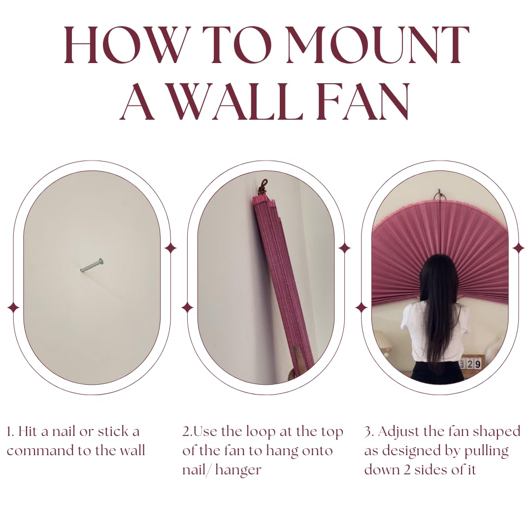 Japanese Bamboo Fan Wall Decor - Large 48 Inch Boho Hanging Fan for Bedroom Headboard, Over Bed Decoration, Living Room & Patio - Raspberry Folding Fan Art for Home & Office Interior Design