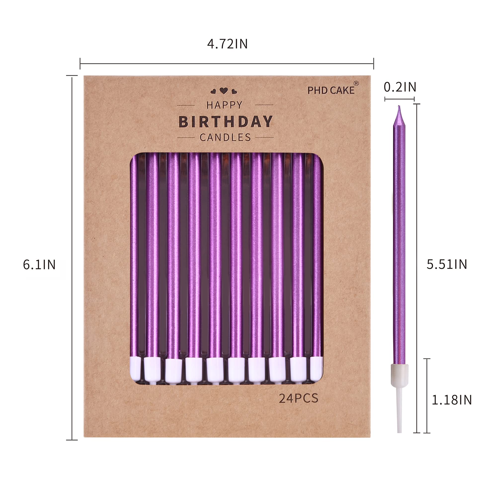 PHD CAKE Purple Long Thin Metallic Birthday Candles - 12 Pack Premium Cake Decorations for Wedding, Anniversary & Party Cakes - Elegant Cake Toppers for Special Occasions