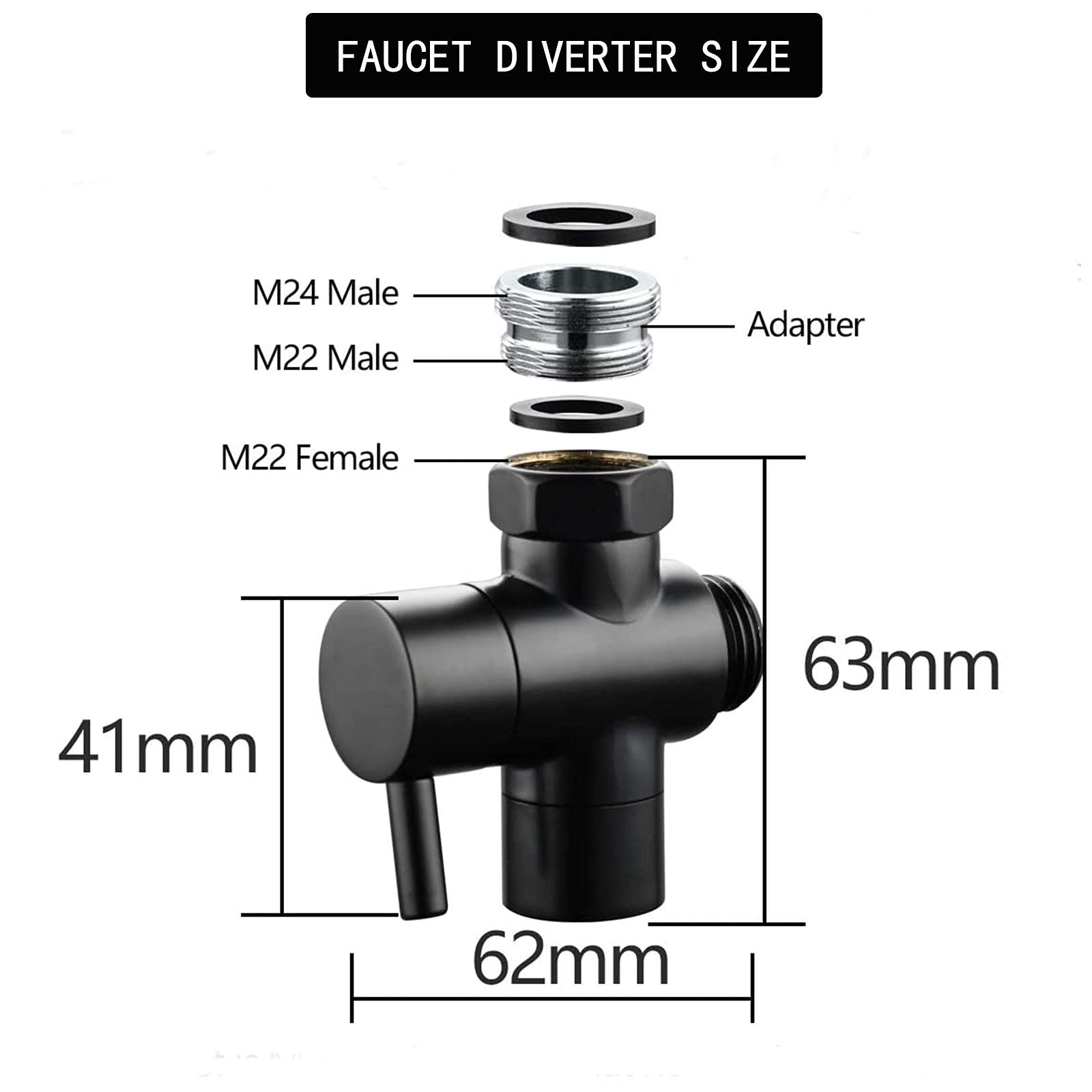 Biveah 3-Way Black Faucet Diverter - Brass Kitchen Sink to Hose Adapter (M22 to M24) - Faucet Sprayer Attachment for Garden, Pet Washing & Car Cleaning - Model KFB010B