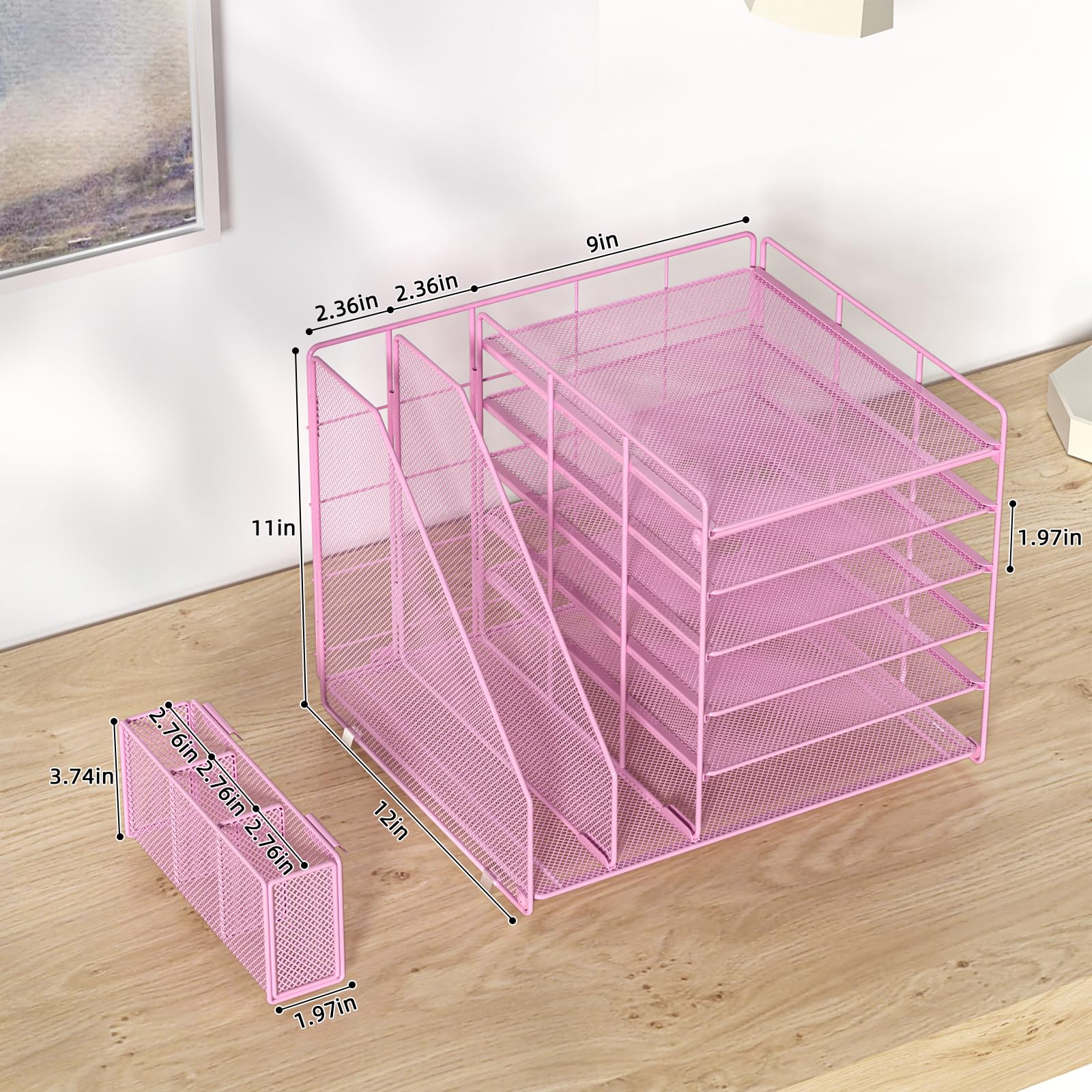 6-Tier Mesh File Organizer for Desk with File & Pen Holder - Office Desk Accessories & Workspace Organizer (Pink) - Perfect for Home Office, School & Workspace Organization