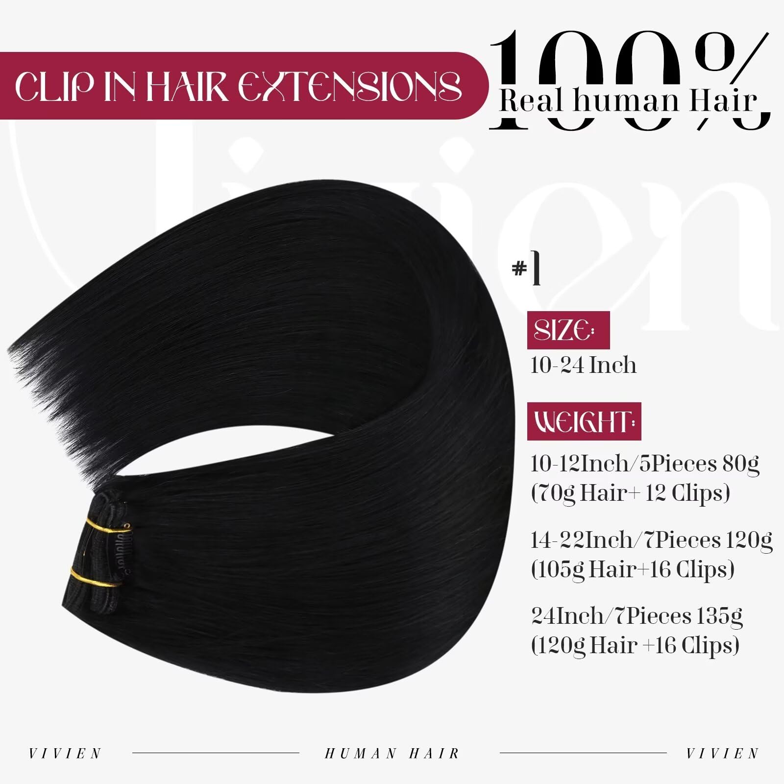 Vivien Black Clip-In Remy Hair Extensions 18 Inch – Real Human Hair, Jet Black, Double Weft, Invisible Clip, 7pcs (120g) for Natural Volume & Length – Perfect for Parties, Weddings & Daily Styling