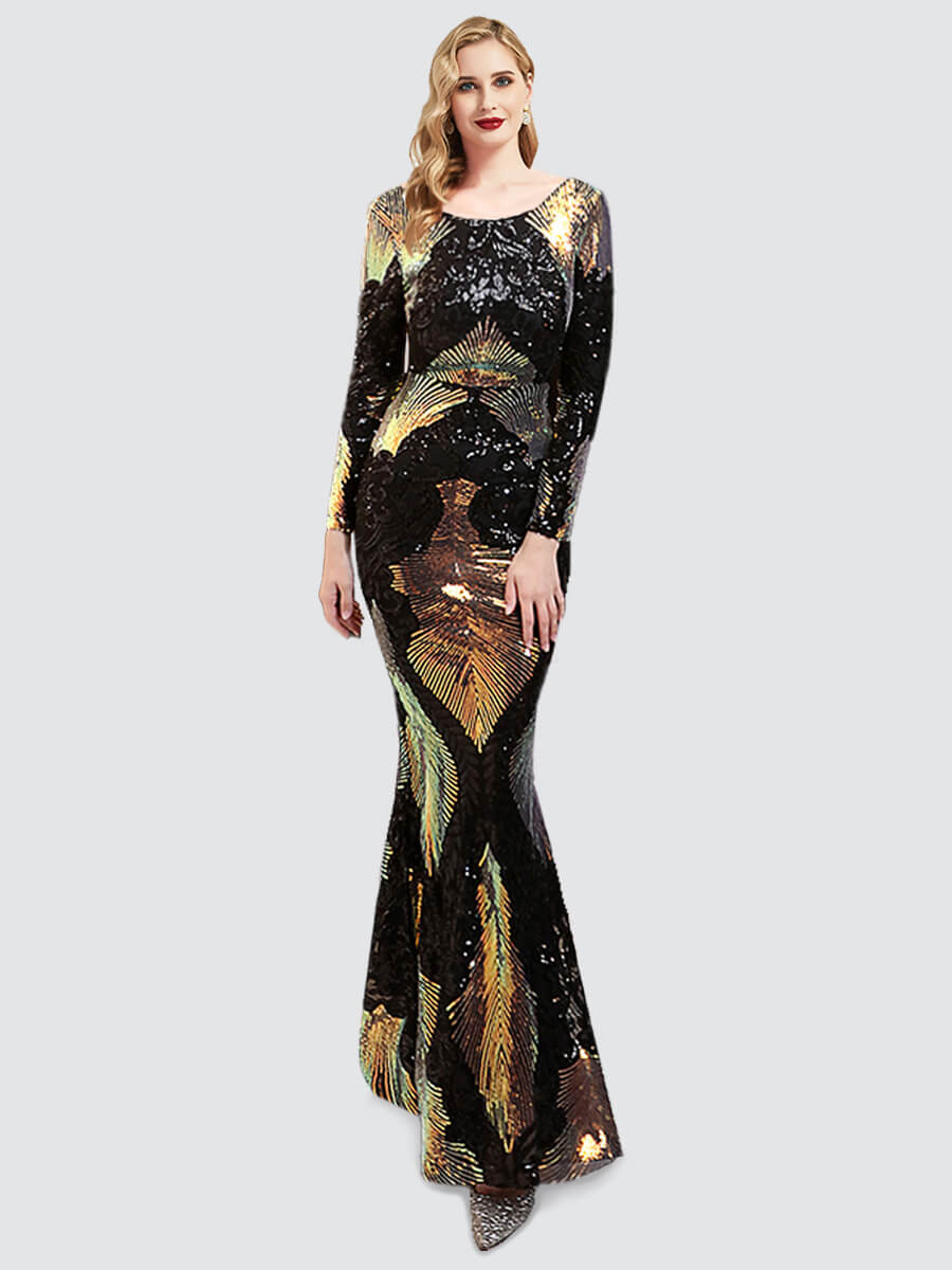 Elegant Black Backless Long Sleeve Sequin Maxi Mermaid Evening Gown - Perfect for Prom, Formal Dances & Special Occasions