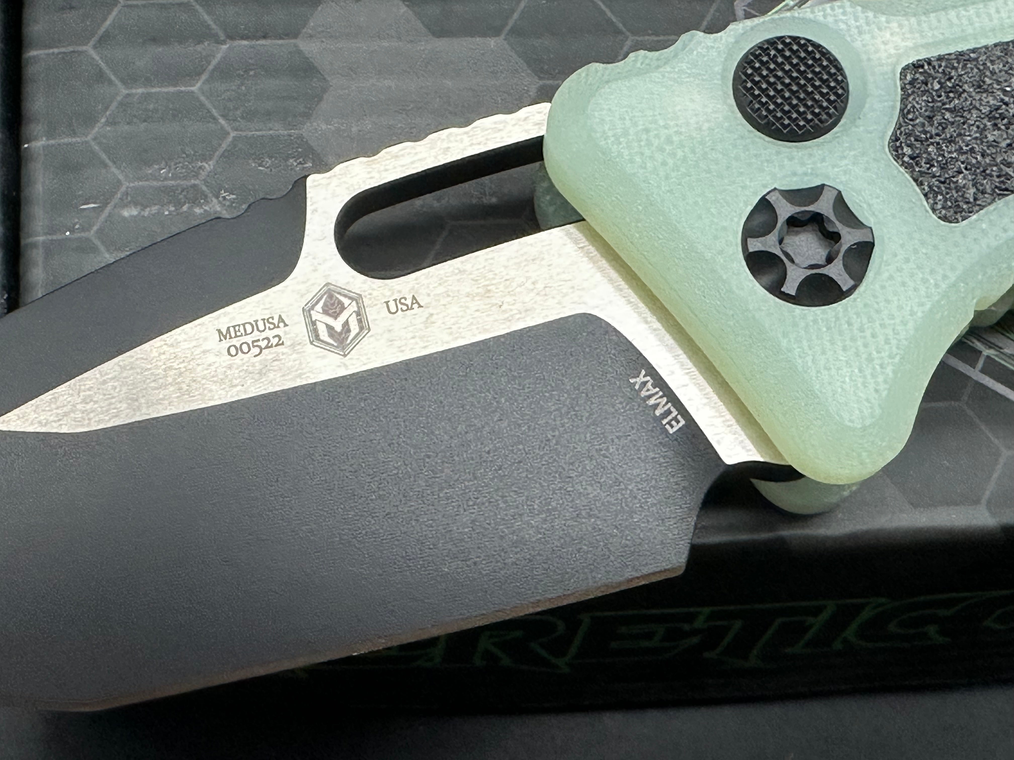 Heretic Knives Medusa OTS Automatic Knife - Jade G10 & Black Two-Tone Tanto Blade in Elmax Steel - EDC, Tactical, Outdoor Survival & Everyday Carry
