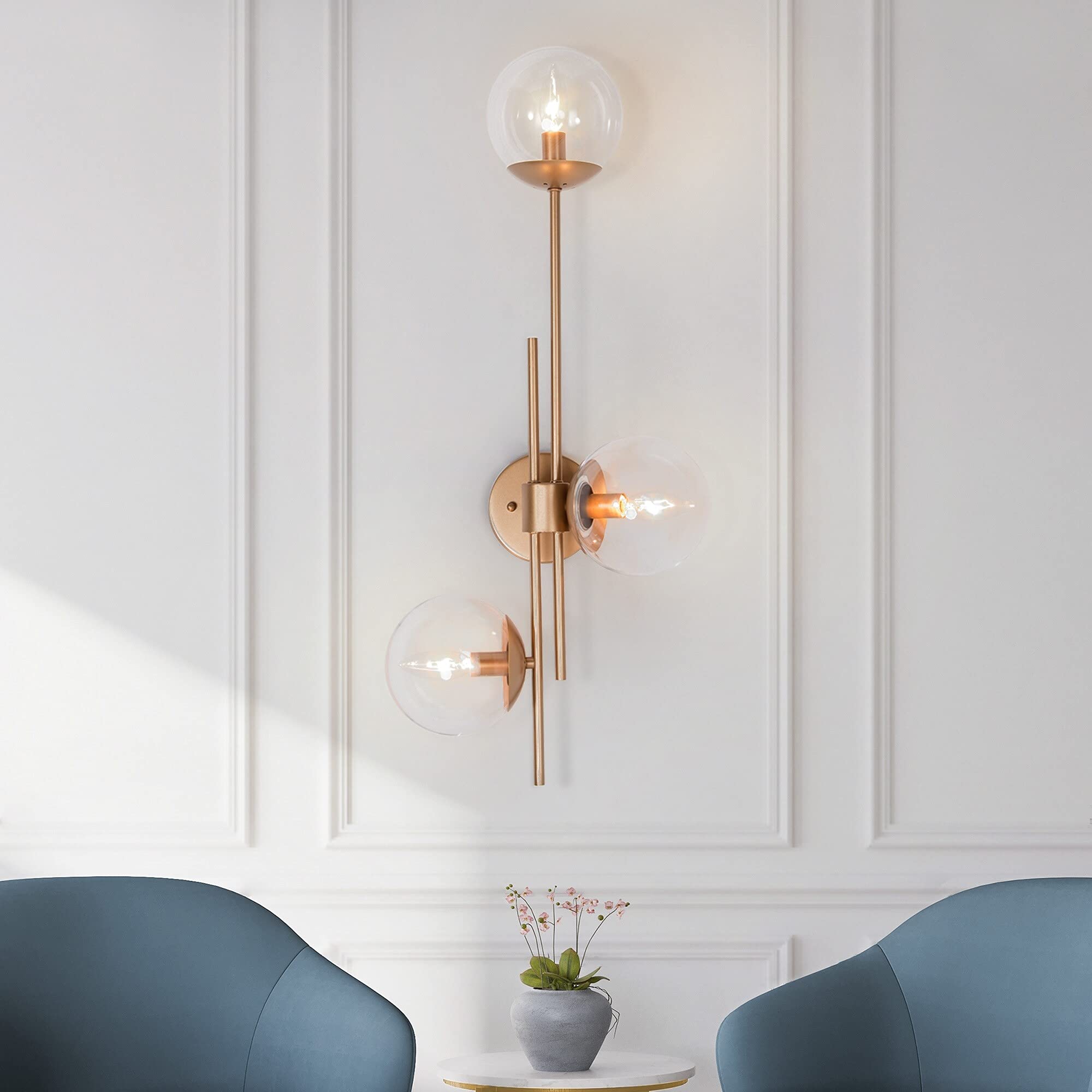 3-Light Modern Gold Bathroom Vanity Lights - Globe Clear Glass Wall Sconces - Mid-Century Contemporary Style (30.5