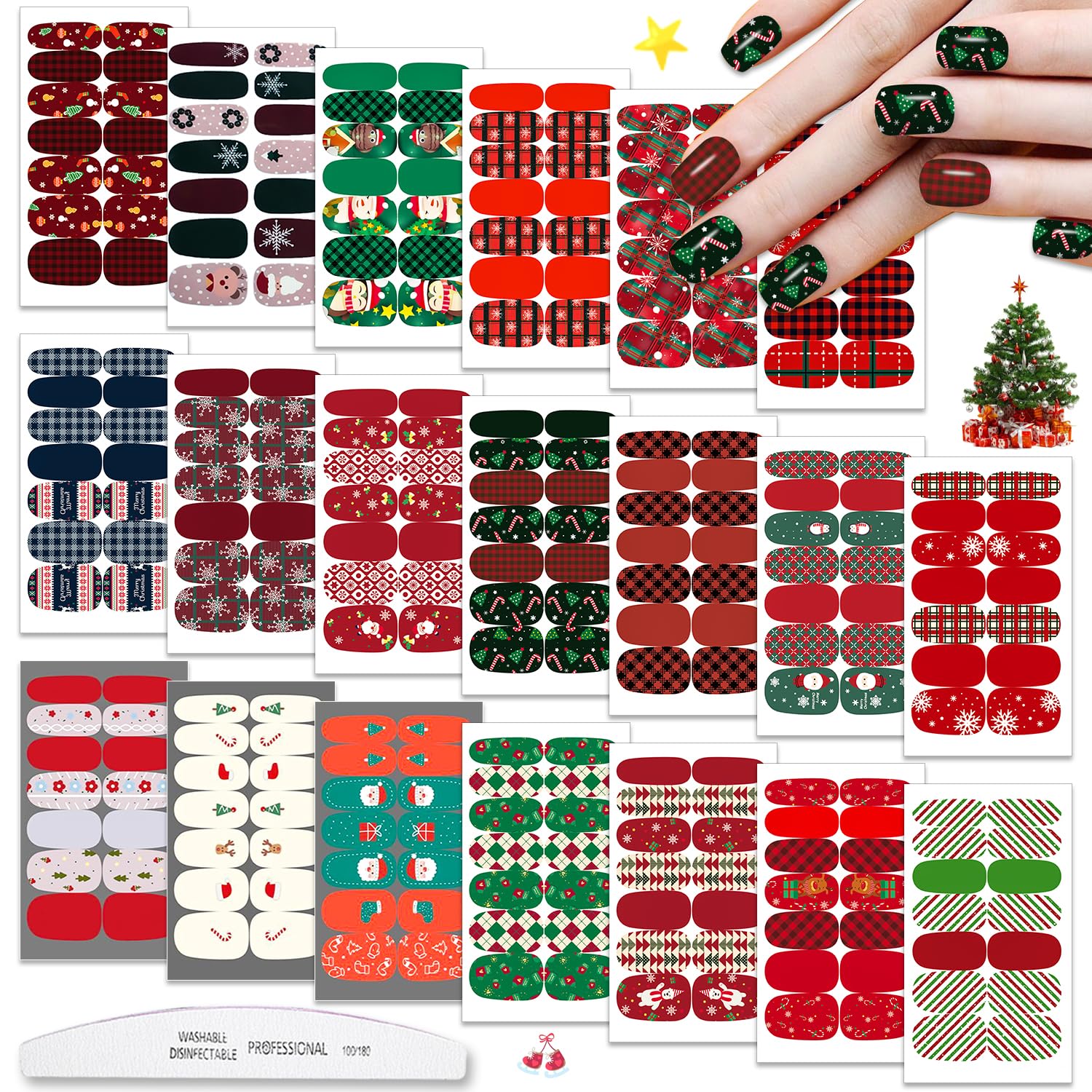 WOKOTO 20 Sheets Christmas Nail Stickers - Santa Claus, Elk, Snowman & Tree Designs | Easy Stick-On Nail Polish Strips & Wraps for Women | Perfect for Holiday Parties, Gift Giving & Festive Nail Art