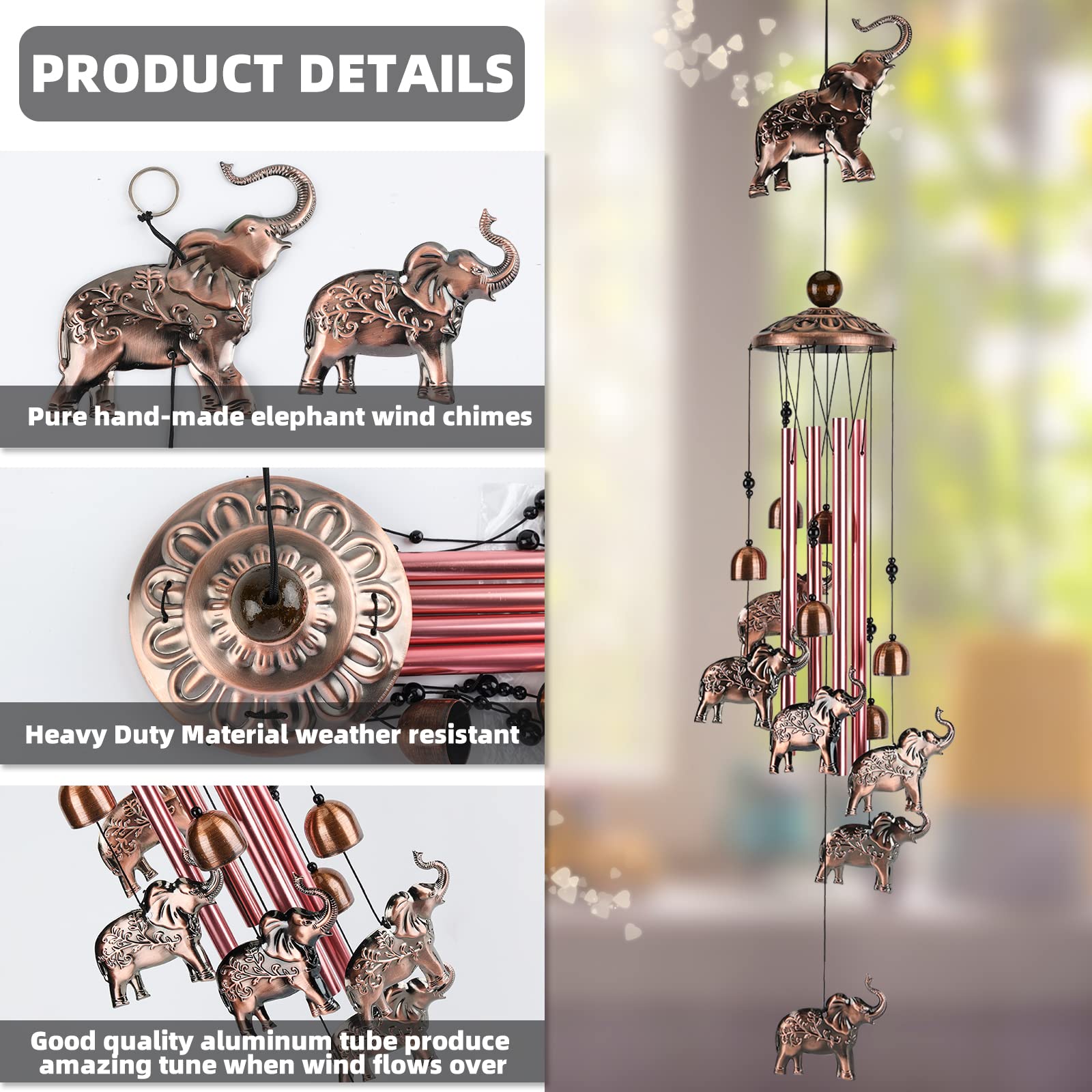 Handmade Copper Elephant Wind Chimes for Outdoor & Garden Decor - Unique Musical Wind Chime Gift for Women, Mom, Grandma - Perfect for Patio, Porch, Yard & Christmas/Birthday Gifts