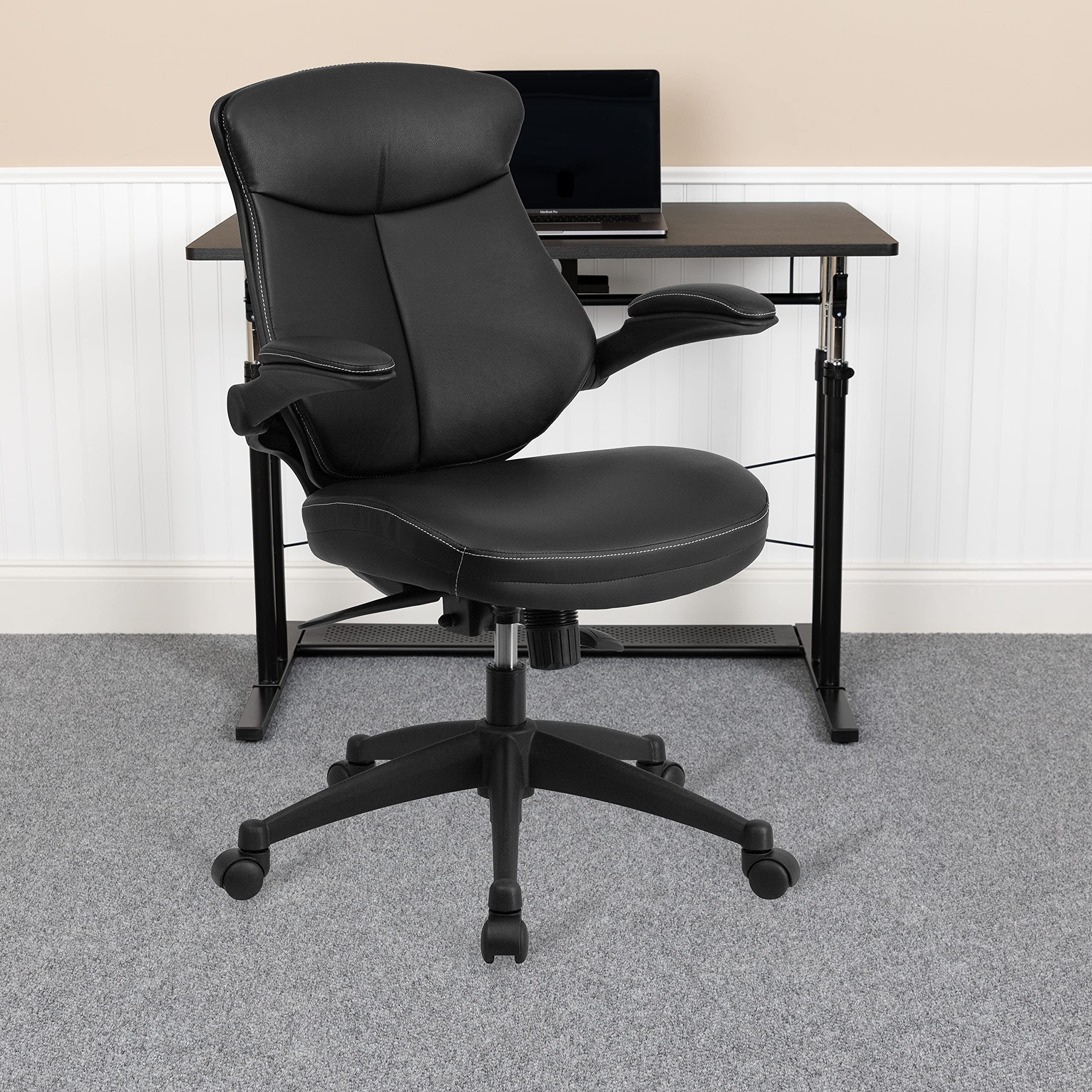 Flash Furniture Kale Mid-Back Black LeatherSoft Executive Swivel Office Chair - Ergonomic Design with Adjustable Back Angle & Flip-Up Arms for Home Office, Conference Room, or Gaming Setup