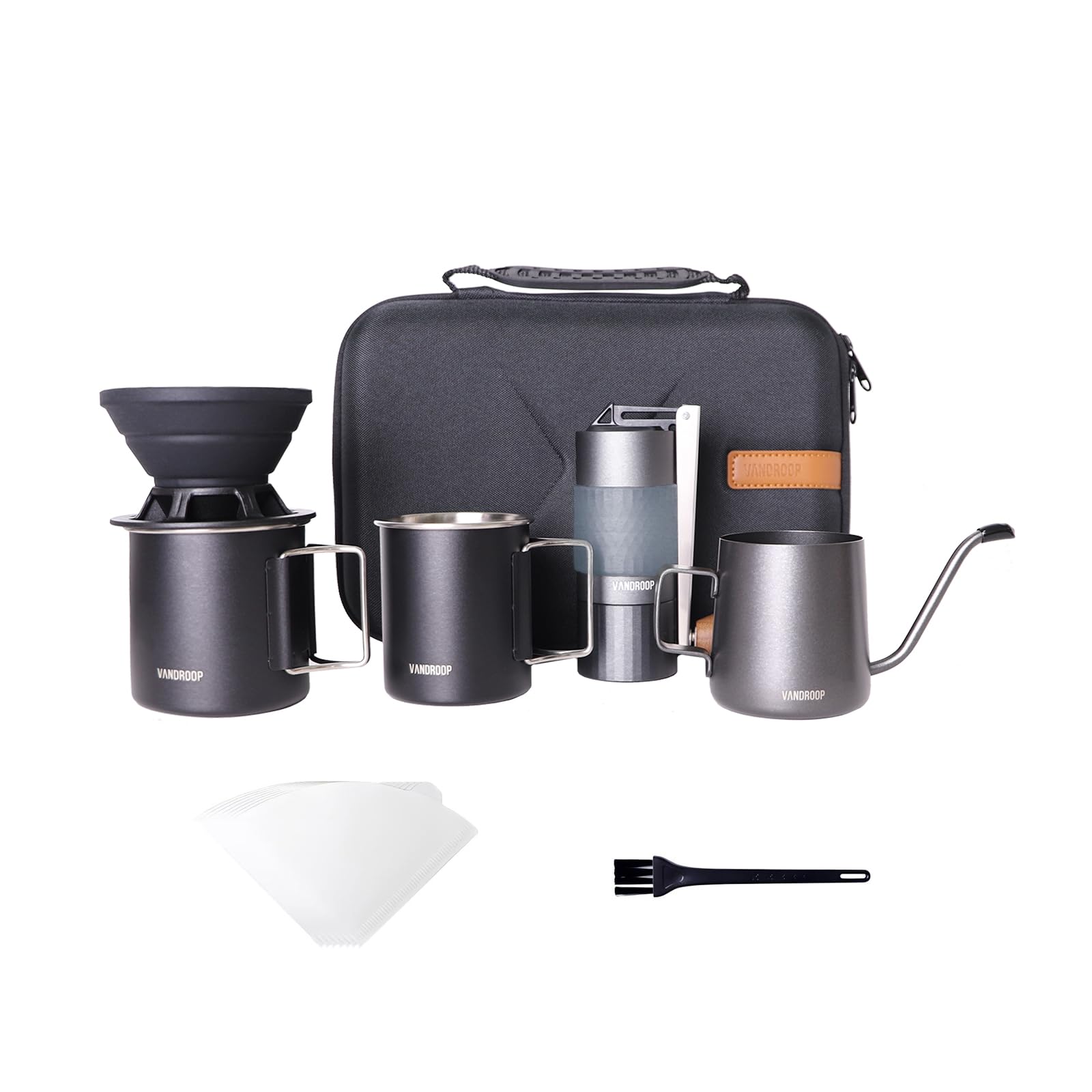 Premium Pour Over Coffee Maker Set - Manual Stainless Steel Burr Grinder, Collapsible Silicone Dripper & Gooseneck Kettle | All-in-One Portable Brewing Kit for Home, Office & Camping Coffee Lovers
