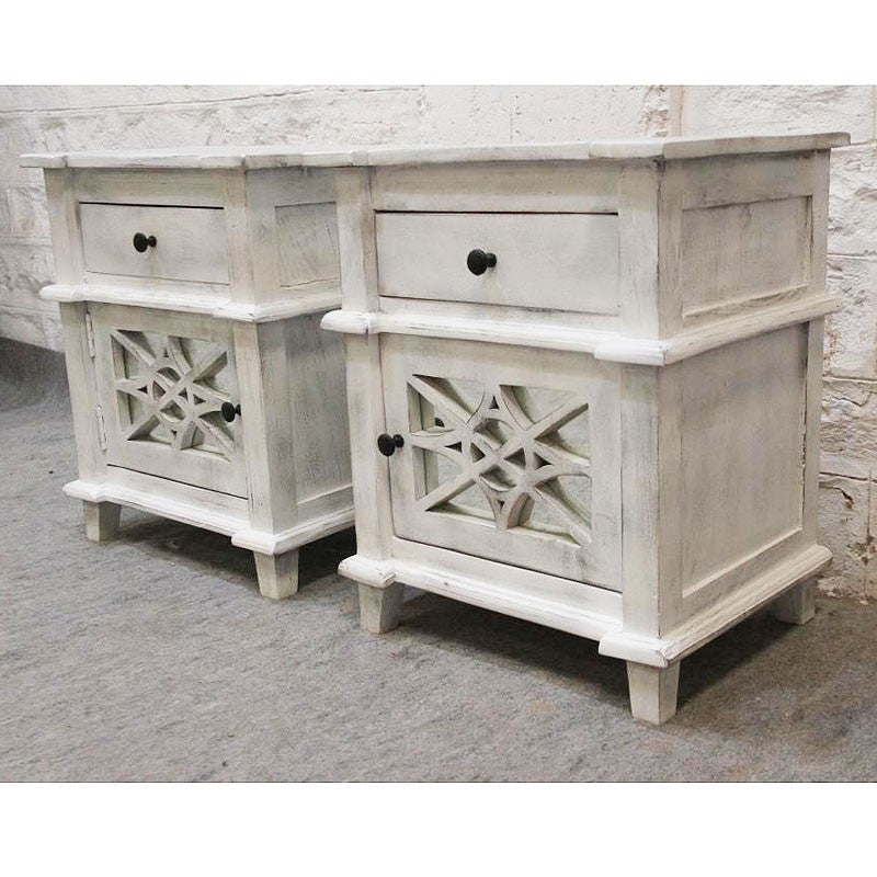 Whitewashed French Arched Glass Door Bedside Tables (Pair) - Elegant Nightstands for Bedroom, Living Room, or Office Decor