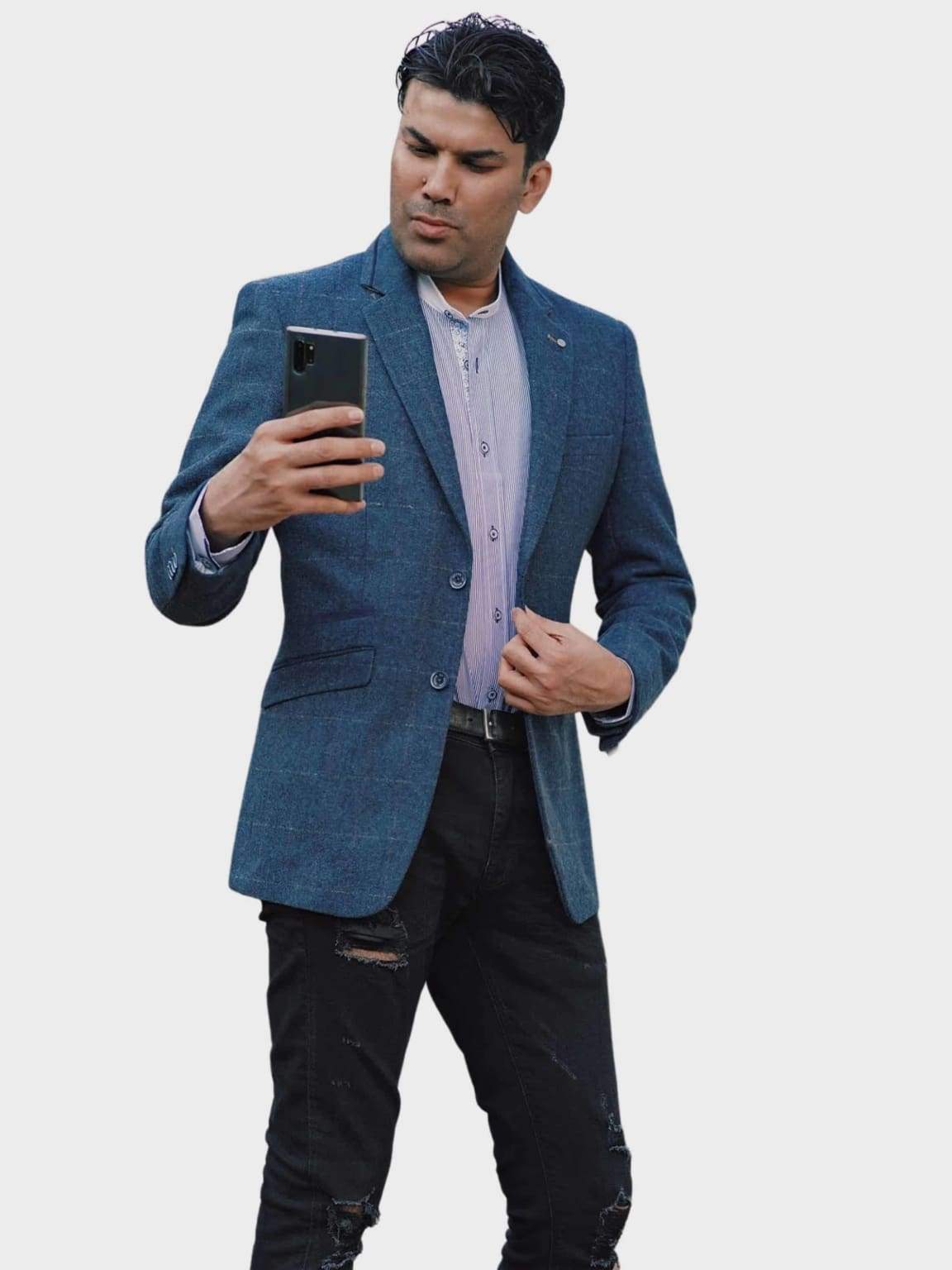 Cavani Carnegi Men's Slim Fit Blue Tweed Check Blazer Jacket for Business Meetings & Formal Events