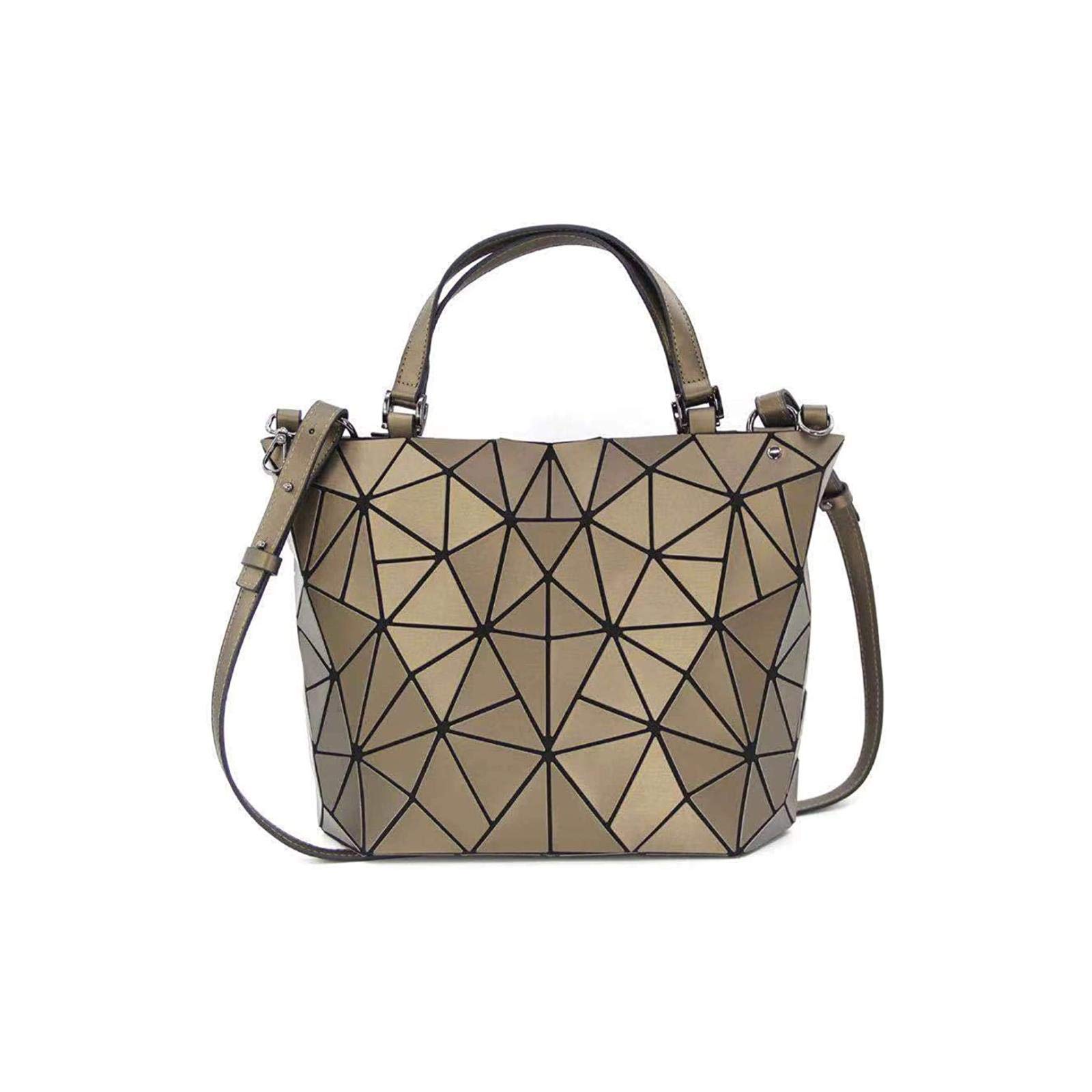 Geometric Luminous Handbag - Shard Lattice Eco-Friendly Vegan Leather Rainbow Holographic Purse for Women, Brown Large Size | Perfect for Night Out, Party, and Festival Accessories