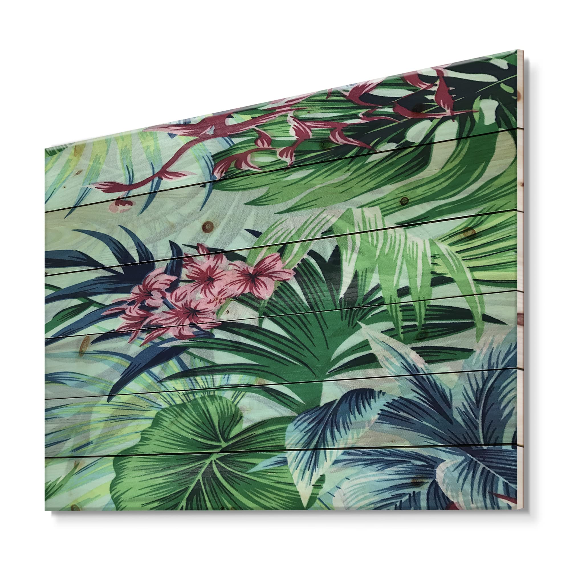 DesignQ Tropical Vintage Floral Wood Wall Decor - Large Traditional Pine Wood Wall Art with Green Floral Print - Perfect for Living Room, Bedroom, or Office Decoration