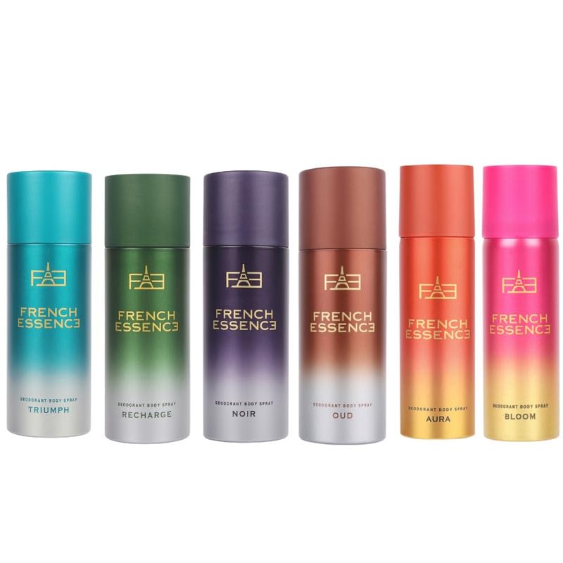 FRENCH ESSENCE Deodorant for Men & Women - 6 Pack Long Lasting Body Spray with Fresh Fragrance (Bloom, Aura, Noir, Oud, Recharge, Triumph) | 50ml Each | Perfect for Gym, Office & Daily Use
